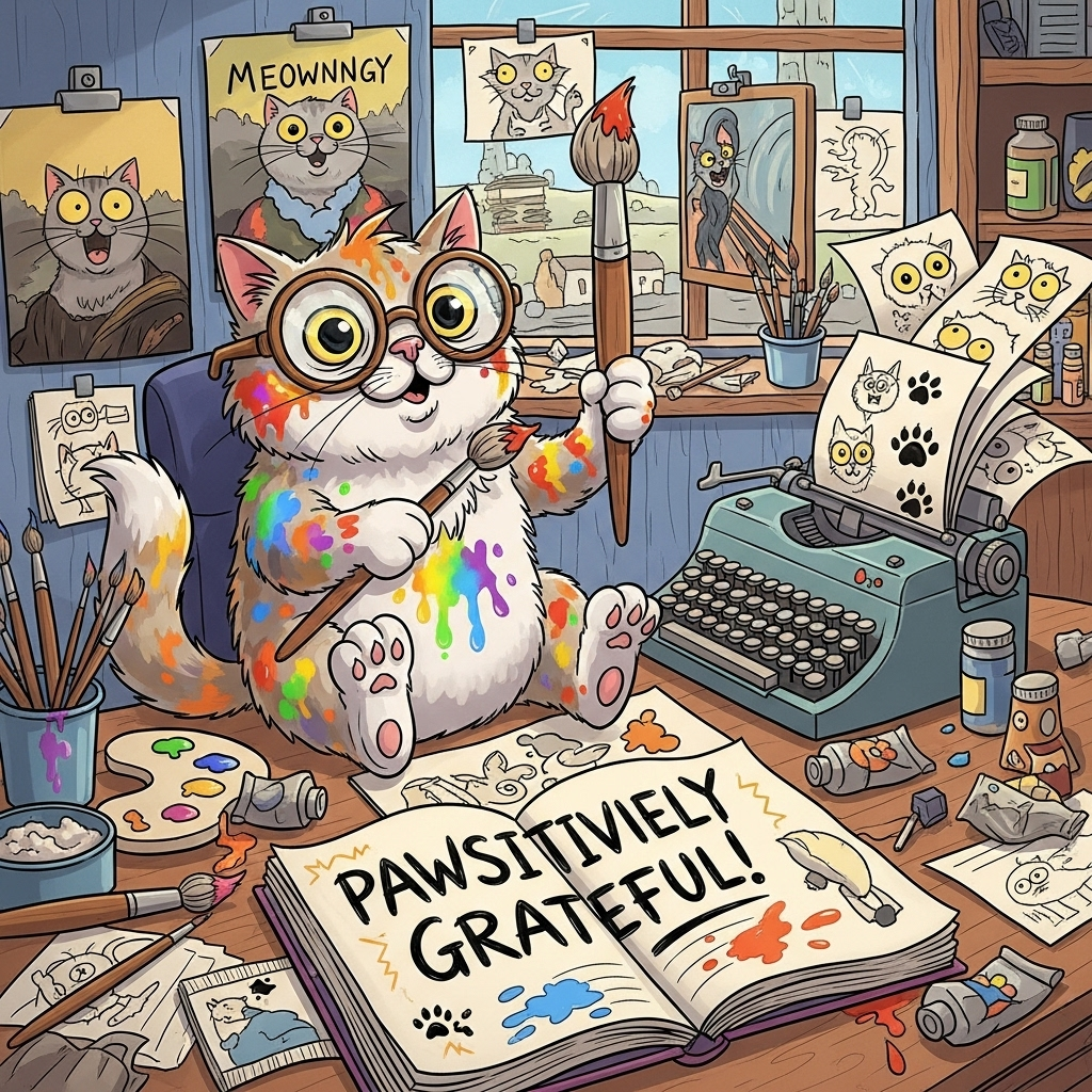 ### Image Prompt

Imagine a whimsical cartoon scene in a bustling, colorful art studio. The main attraction is an eccentric, fluffy cat wearing oversized round glasses perched on its nose. This feline artist is surrounded by a chaotic yet vibrant array of art supplies—paintbrushes, tubes of paint, and doodled sketches scattered everywhere. The cat is sitting on a desk, holding a comically large paintbrush, its fur splattered with rainbow paint splotches.

Next to the cat, there's a typewriter with sheets of paper spewing out, each page adorned with paw prints and playful doodles. The walls are adorned with humorous feline renditions of famous artworks—think a "Meowna Lisa" or "The Scream" with wide-eyed cats.

In the foreground, an open sketchbook reveals a hastily scribbled but charming message: "Pawsitively Grateful!" The words are animated, as if leaping off the page with gratitude and humor, adding an extra touch of playfulness to the scene.

The whole image should exude a lighthearted and vibrant atmosphere, with exaggerated proportions, bold outlines, and a rainbow of bright, saturated colors.
Generated with these themes: Art, writing, cats, and .
Made with ❤️ by AI.