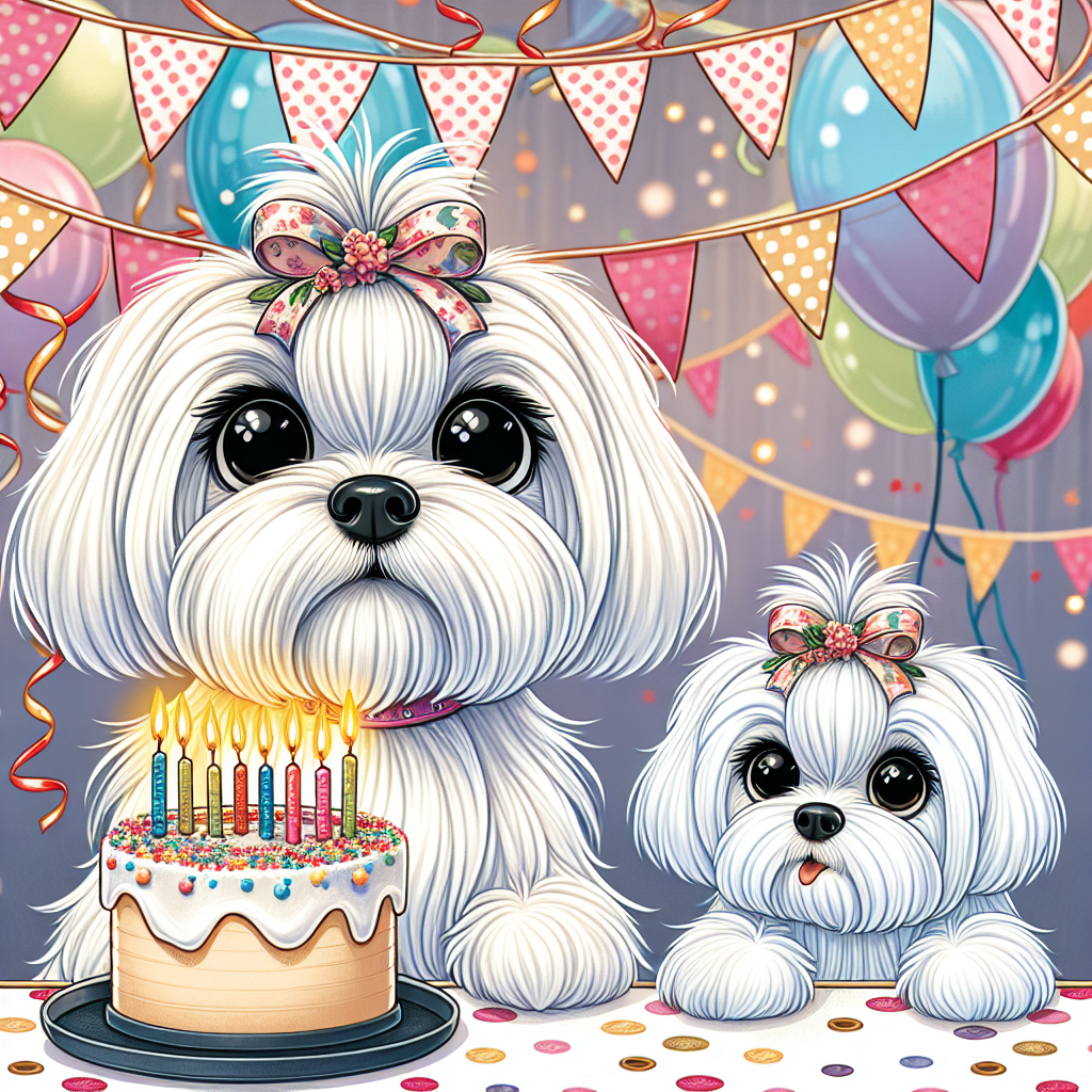 An illustrated scene of a party with a beautifully groomed cartoon Maltese dog as the focal point. The dog's white fur is pristine, and its deep black eyes are filled with emotion. The Maltese dog is seated at a festive birthday table covered in a spotted tablecloth. Decorative streamers drop from the ceiling, creating an ambiance of celebration. A birthday cake with glowing candles sits in front of the dog, who has a paw raised in anxious anticipation for the celebration.
.
Made with ❤️ by AI.