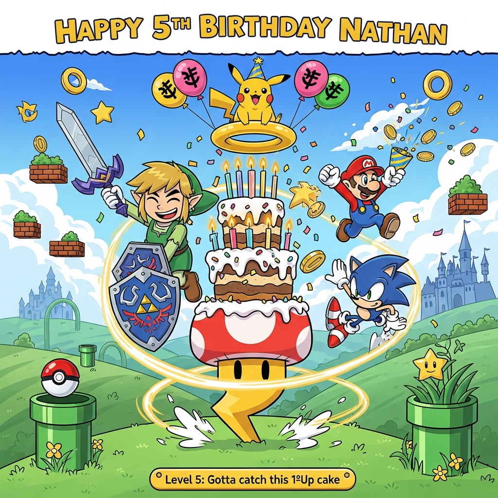 Zelda, Pokémon , Mario, Sonic, and Birthday Card