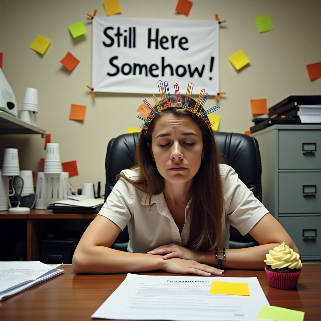 At the top of the realistic photograph image: *Happy Workiversary Diana — still employed and highly caffeinated!*

Image prompt:  
A realistic photograph of a chaotic office desk scene. Coffee cups stacked like a leaning tower, sticky notes everywhere (some on the employee’s forehead), a deflated "Congrats" balloon tangled in a desk fan, and a very tired but victorious-looking office worker (Diana) wearing a crown made of paperclips. In the background, a banner reading “Still Here Somehow!” sags slightly between filing cabinets. The lighting is slightly overexposed like a typical bad break room photo, adding to the hilarity. A half-eaten cupcake sits proudly atop a performance review.
Generated with these themes: Work Anniversary.
Made with ❤️ by AI.