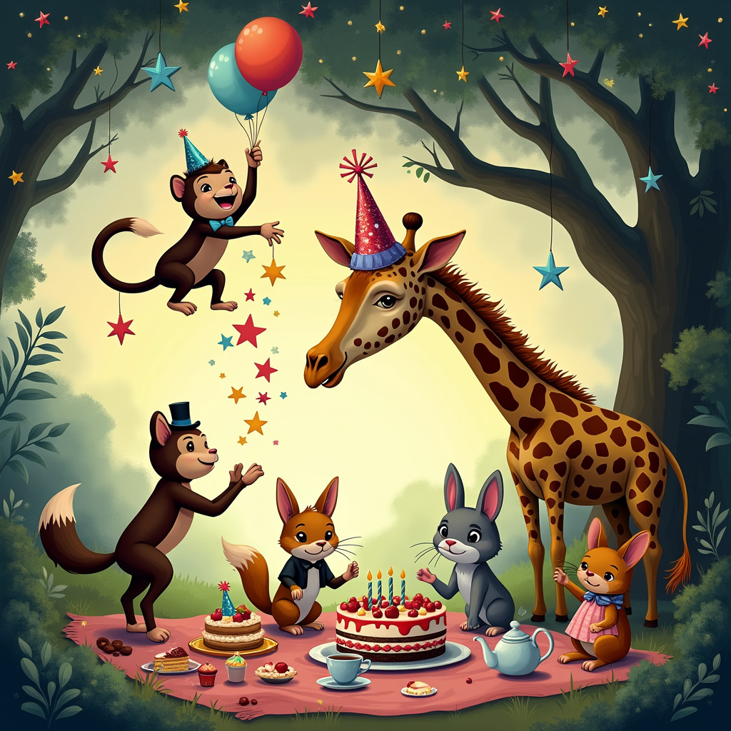 Giraffe, Cat, Stars, Sequins , Monkey, and Friends Birthday Card