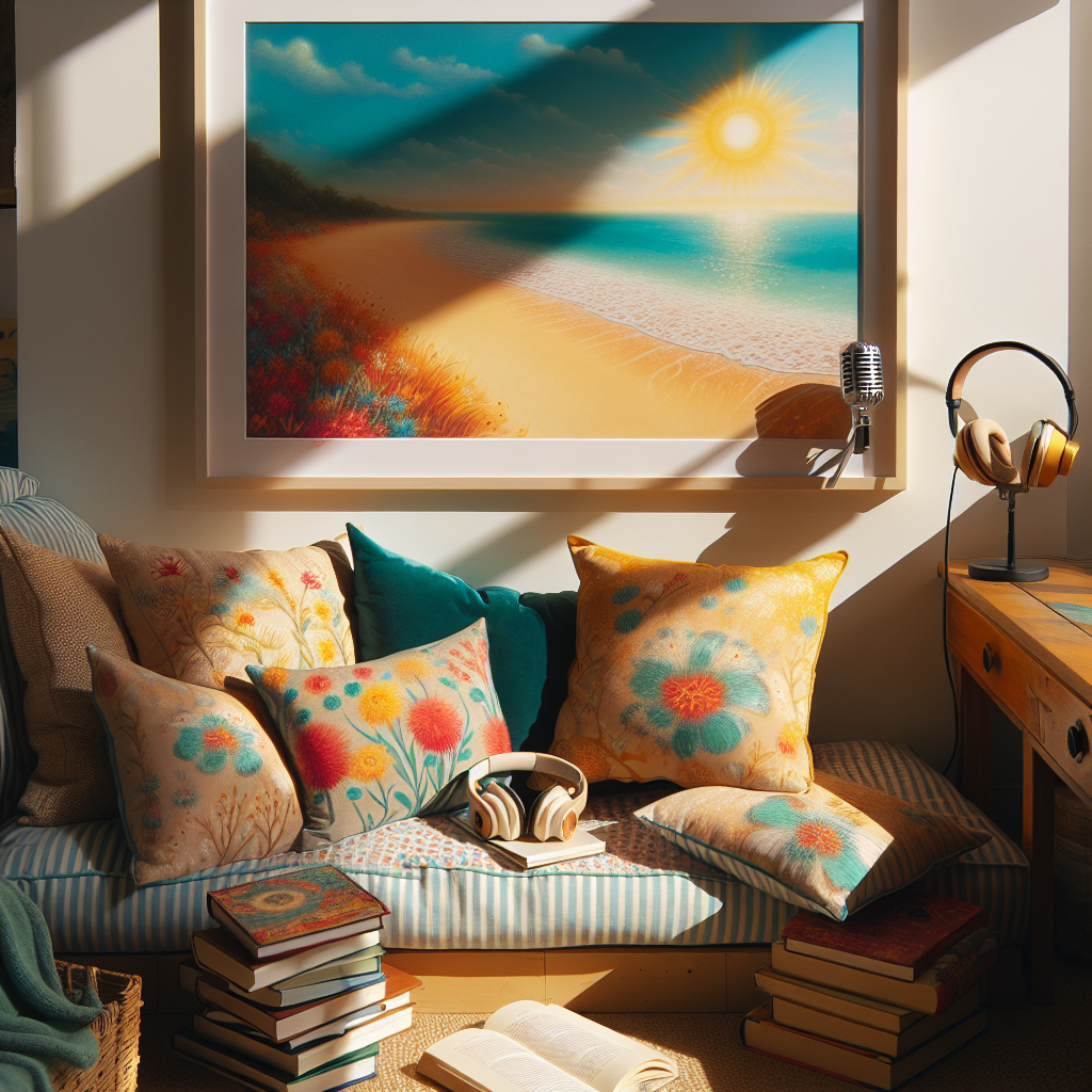 A sunlit cozy corner of a room containing a comfortable reading nook sets the scene for a tranquil day. Plush pillows with bright, fairy-tale inspired patterns and a pile of books lie invitingly close. Artwork capturing all the vibrancy and beauty of sandy beaches in an unspecified location adds color to the surrounding walls. The nearby table hosts a pair of headphones along side a vintage-style microphone, hinting at a quiet spot to enjoy peaceful podcasts that celebrate the joys of motherhood.
Generated with these themes: Podcasts, Reading, Disney, and Florida.
Made with ❤️ by AI.