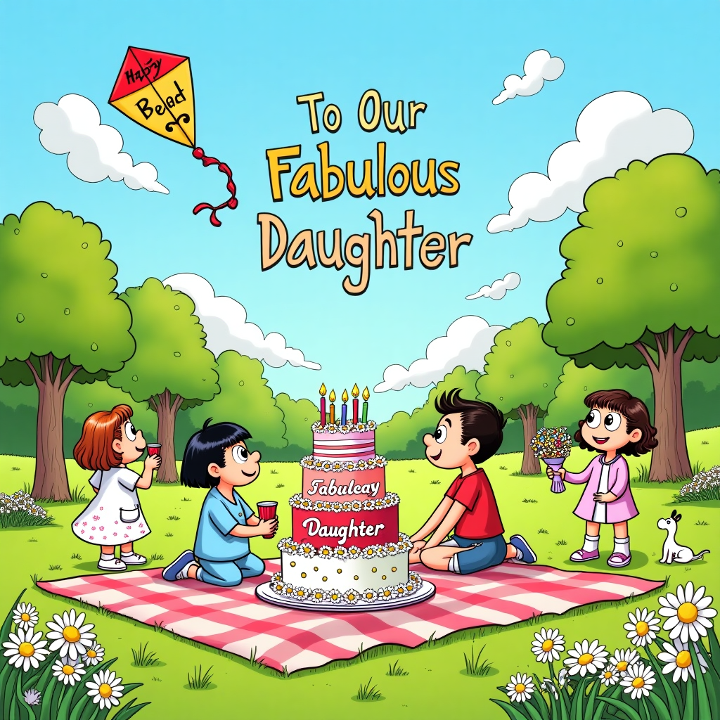In this whimsical and lively birthday greeting card scene, inspired by the playful spirit of Schulz and the imaginative worlds of McCay, we find ourselves in a sunlit park filled with daisies, buzzing with activity. At the center of the park, a large picnic blanket is spread out, bordered with vibrant green and pink stripes, upon which sits a colorful three-tiered birthday cake, whimsically decorated with daisies made of sugar icing. The cake's topmost tier proudly displays the name "Fabulous Daughter" written in playful, curvy letters crafted from fondant, with a sprinkle of edible glitter that catches the sun. Surrounding the cake, a group of friends, each drawn with distinct and humorous expressions reminiscent of Larson’s quirky style, are gathered around, with one dressed in a nurse’s outfit, humorously holding a stethoscope as if to "diagnose" the cake's deliciousness. Another friend, inspired by Watterson's characters, sports a fluffy bathrobe and cucumber slices on her eyes, representing a spa enthusiast, sipping on a tall glass of fruit-infused water. In the background, park-goers are scattered, with one duo flying a kite that has "Happy Birthday" written across it in bold, colorful letters. A little girl, beaming with excitement and wide eyes, reminiscent of Tezuka's expressive characters, stands nearby, holding a bouquet of daisies and grinning up at the kite. The sky is a brilliant blue, with fluffy clouds that whimsically form letters spelling out "To Our Fabulous Daughter" above the joyful scene, adding an extra layer of celebration and personalized charm to the card. The setting captures a world where daisies and laughter blossom, making it a unique and delightful birthday scene.
Generated with these themes: Daisies, Parks, Friends, Nurse, Daughter, Spa, and Birthday Cake.
Made with ❤️ by AI.
