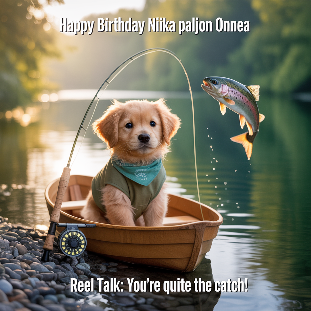 At the top of the Photorealistic picture taken from a camera image, "Happy Birthday Niika Paljon Onnea"

At the bottom of the image, "Reel talk: you’re quite the catch!"

Ultra-high-definition 4K UHD, photorealistic riverbank at sunrise: warm golden-hour light filtering through mist, soft rays across a glassy teal stream. Foreground: a gentle, eye-level, shallow depth-of-field shot (full-frame 50mm prime, f/2.2) of a small wooden rowboat nudged against a pebbled shore. In the bow sits an adorable golden retriever puppy in a tiny olive fly-fishing vest and teal bandana, head tilted with bright, curious eyes. Resting across the seat is a graphite fly rod with a worn cork handle; the fly line forms a graceful looping arc above the water. Just beyond the loop, a juvenile rainbow trout breaks the surface in a playful leap, crystal droplets frozen midair, sparkling bokeh on the ripples. Nearby, an open tin fly box reveals a few colorful, hand-tied flies with fine feather textures. Rich lifelike details: wet fur glistening, subtle water rings, textured wood grain, braided line, and delicate riverbank reeds swaying softly.

Composition: leave airy negative space in the upper sky for the headline and a calm, defocused reflection zone at the bottom for the punch-line; set the text in clean, high-contrast white with a soft warm-gold drop shadow for readability. Accurate lighting and color, natural filmic dynamic range, crisp focus on the puppy and rod, creamy background bokeh, subtle vignette, zero logos or borders.
Generated with these themes: Fly fishing, and .
Made with ❤️ by AI.