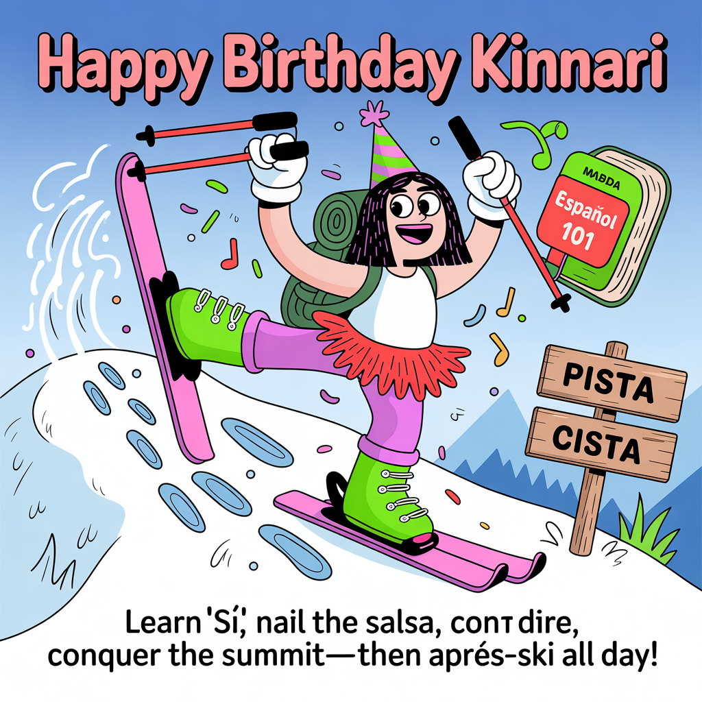 At the top of the Cartoon Style image, "Happy Birthday Kinnari"

At the bottom of the image, "Learn 'sí', nail the salsa, conquer the summit—then après-ski all day!"

- In the center, depict a playful, high-energy cartoon scene: Kinnari (big expressive eyes, oversized grin) mid-salsa twirl on a snowy mountain ridge. She’s in neon ski boots clipped into skis, a fluttery red dance skirt peeking over bright ski pants, and a jaunty party hat. A hiking backpack bounces behind her, with a visible Spanish phrasebook labeled “Español 101” and a rolled trail map.
- Her ski poles are held like a dance partner, kicking up a curving spray of snow; hiking footprints and ski tracks crisscross beneath her like a goofy dance-step diagram. Music notes and confetti swirl around.
- A wooden signpost in Spanish points three ways: “pista,” “cima,” and “fiesta.” A goofy mountain goat in a scarf wobbles on tiny skis trying to copy her moves.
- Background: bright blue sky, sunburst, distant chairlift, pine trees, and candy-colored peaks.
- Style notes: thick black outlines, bright saturated colors, exaggerated proportions, whimsical and energetic poses. Make the top headline bold, chunky, and celebratory; the bottom punchline playful and punchy.
Generated with these themes: Learning Spanish, Dancing, hiking, skiing, and .
Made with ❤️ by AI.