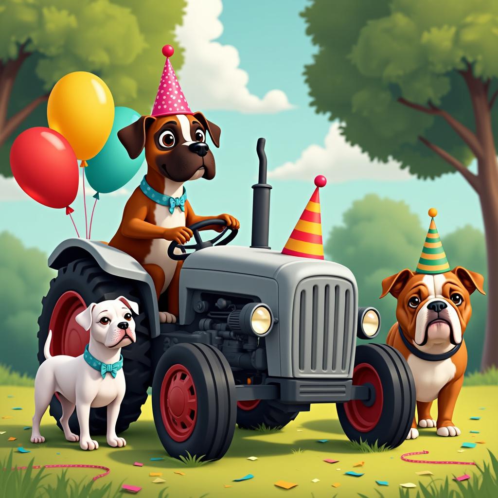 A vibrant cartoon birthday scene unfolds featuring a Brown Boxer dog with a dark brown fur coat and characteristic white markings on its face and chest, wearing a tiny, festive birthday hat secured with a stretchy string under its chin. The Brown Boxer is seated in the driver's seat of a simple but sizable grey tractor adorned with bright red and yellow balloons tied to the exhaust pipe. Its front wheels are slightly turned to the right as if ready to embark on a birthday parade. Accompanying the Brown Boxer is a Pure White Boxer with a glossy, snowy fur coat, standing proudly beside the tractor, donning a blue bow tie around its neck with white polka dots, which complements the festivity of the scene. On the opposite side of the tractor, there's an English Bulldog with a robust brown body and a distinctive white head, its expression is one of calm contentment. The Bulldog wears a playful birthday cone-shaped hat, stripes of soft green and pink encircling it. The ground is a lush green, suggesting it's a sunny day in a park setting, perfect for a birthday celebration. Scattered confetti and various other colorful party decorations such as paper chains and streamers are visible in the background.
Generated with these themes: Brown Boxer driving a grey tractor , Pure White Boxer, and English Bulldog brown body white head.
Made with ❤️ by AI.