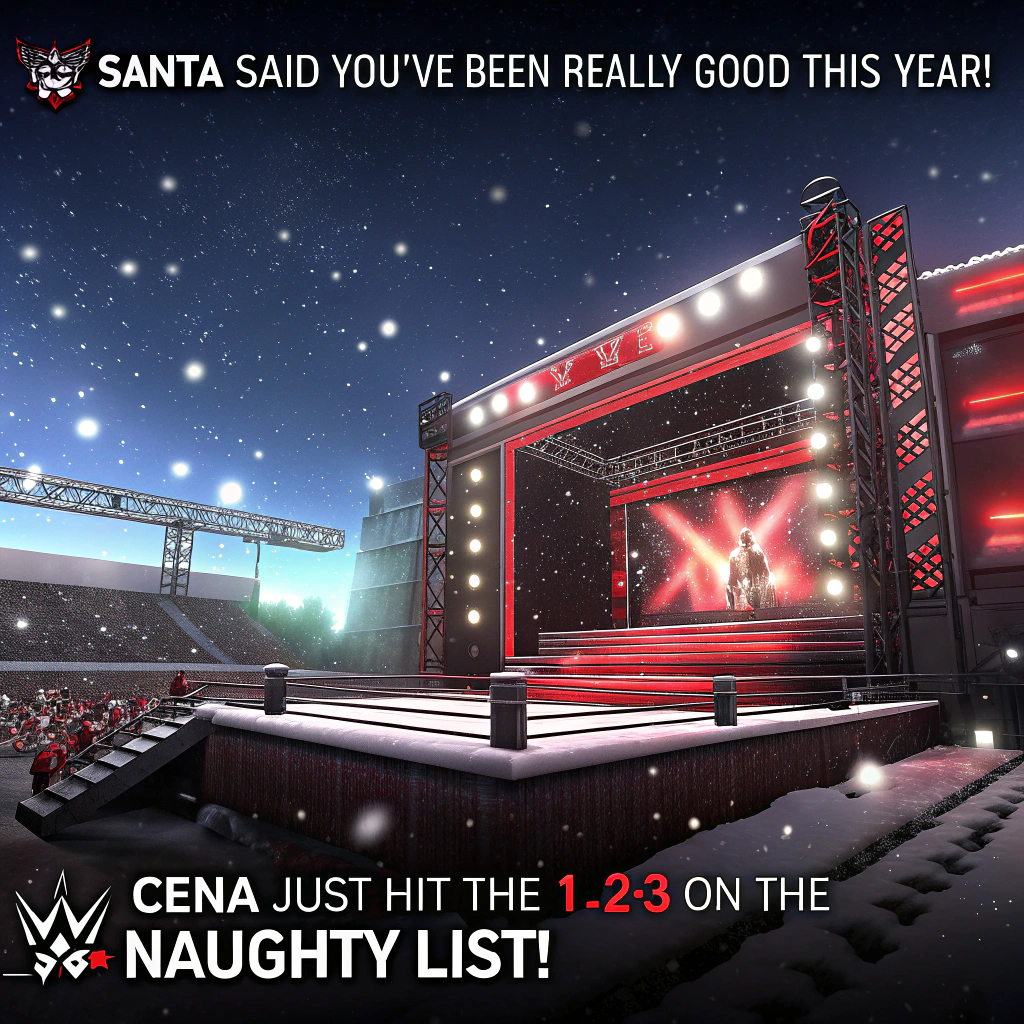 At the top of the Photorealistic picture taken from a camera image, "Santa said you've been really good this year!"

At the bottom of the image, "Cena just hit the 1-2-3 on the Naughty List!"

Ultra-high-definition 4K UHD photograph, true-to-life arena lighting, lifelike textures, rich depth of field. A packed pro-wrestling arena styled like Monday Night RAW on Christmas night: red-and-black stage lights, a giant LED wall with animated snowflakes, gentle snow-confetti drifting down. Center ring is decked out with candy-cane tinsel ropes, fairy-lit ring posts, and turnbuckles wearing Santa hats. John Cena is in the spotlight mid-ring, photorealistic, wearing a Santa hat and a festive sweater over his classic jorts and wristbands, grinning and doing his “you can’t see me” wave. He’s pinning a giant scroll labeled “Naughty List” tied with a big red bow, while a referee in a candy-stripe shirt slides in, hand mid-slap on the mat. Ringside crowd in cozy holiday sweaters and Santa hats, a couple of playful signs like “YOU CAN’T SLEIGH ME!” and “MAIN EVENT: NICE LIST!” Pyro spark fountains glow at the ramp edges. Cinematic ringside camera angle, 50mm lens perspective, f/2.8, shallow depth of field focusing crisply on Cena and the “Naughty List,” with soft bokeh crowd and lights, realistic skin and fabric detail, subtle motion blur on falling confetti. Bold, high-contrast, winter-frost text styling for the headline and punchline; ensure readability; no visible brand logos.
Generated with these themes: WWE Monday night raw, WWE wrestling, John Cena , and .
Made with ❤️ by AI.
