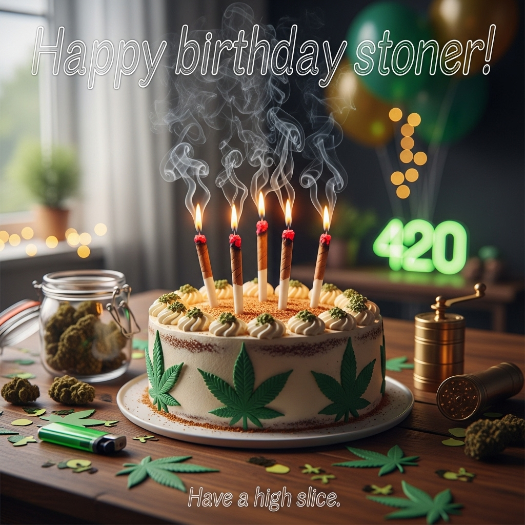 At the top of the Photorealistic picture taken from a camera image, Happy birthday stoner!

Ultra-high-definition 4K UHD photorealistic scene with accurate lighting, lifelike textures, and rich depth of field. A decadent round birthday cake is the hero on a rustic wooden table. The cake is decorated with ultra-realistic fondant cannabis leaves and sparkling sugar “trichomes” dusted over velvety buttercream. Five joint-shaped birthday candles are lit—each with a glowing red-orange ember tip and delicate curls of smoke rising. Warm fairy lights twinkle in the blurred background for creamy bokeh; soft window light from the left rim-lights the smoke and frosting swirls. On the table: a small open glass jar of buds, a green lighter, a brass grinder, and scattered leaf-shaped confetti. In the distant bokeh, green-and-gold balloons and a faint neon “420” sign set a playful party vibe. Render the headline text as airy, smoky lettering that subtly blends with the candle smoke, crisp and legible.

Camera details: full-frame DSLR, 50mm prime lens, f/1.8, ISO 200, 1/125s; shallow depth of field; three-quarter angle slightly above the cake, tack-sharp on frosting and candle embers.

At the bottom in a small cheeky caption: Have a high slice.
Generated with these themes: Weed, Cake, and .
Made with ❤️ by AI.