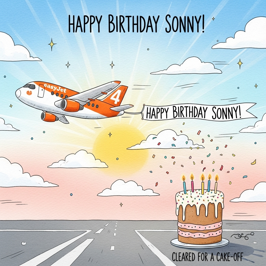 At the top of the Illustration Style image, "Happy Birthday Sonny!"

Hand-drawn, cute and cheerful illustration with fine linework, textured brush strokes, and a warm, expressive color palette. A bright sky with soft sunrise gradient blues and peaches, fluffy clouds, and gentle sparkles. In the mid-to-upper sky, a rounded, easyJet-style orange-and-white passenger plane (no logos) arcs playfully from left to right, towing a long festive ribbon banner that reads "Happy Birthday Sonny!" in joyful hand-lettered script. A big friendly number 4 is painted on the plane’s side and tail in bold orange. Below, a simple runway anchors the composition; sitting proudly on the tarmac is a tall birthday cake with rainbow sprinkles and four glowing candles, soft icing highlights and a tiny shadow giving it dimension. Confetti puffs and subtle motion lines add whimsy, with a balanced composition between the soaring plane and grounded cake. Paper-grain texture and watercolor-like washes throughout.

Small, cheeky caption near the bottom edge in playful hand lettering: "Cleared for cake-off!"
Generated with these themes: Easy jet plane flying in the sky with a banner that reads Happy Birthday Sonny!, The number four written on the side of the plane ,  birthday cake with sprinkles and four candles on top sat on the runway, and .
Made with ❤️ by AI.