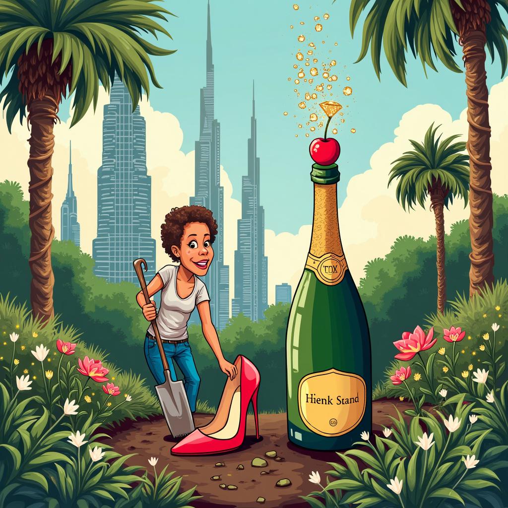 A comical illustration for a birthday card centers around a luscious garden party setting beneath the towering skyline of Dubai. Prominently featured is a character in the foreground, with a trowel in one hand, engaged in planting a Christian Louboutin stiletto, as though it were a floral specimen, into the rich soil of a flower bed. Around the border of this quirky garden, diamond-shaped twinkling lights strung tastefully from palm to palm bring an air of elegance. In keeping with the celebratory theme, a comically large champagne bottle with a glittering popper balanced on top like a cherry, sits nestled among the garden bushes. Each delicate bubble rising from the bottle pops to release a tiny, glistening diamond, adding a touch of whimsy to the celebratory scene.
Generated with these themes: Champagne, Dubai , Gardening, Christian louboutin shoes , and Diamonds.
Made with ❤️ by AI.