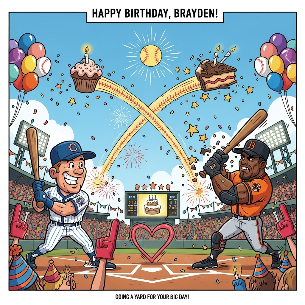 At the top of the Cartoon Style image, Happy Birthday, Brayden!

A big, bold, playful cartoon baseball scene with thick black outlines, bright saturated colors, and exaggerated proportions. In a packed, confetti-filled stadium decorated with baseball-balloon clusters and streamers, two cartoon legends blast birthday “home runs” at the same time: on the left, a cheerful, classic-era slugger resembling George Brett in a royal-blue-and-white uniform (no logos), grinning mid-swing with a comically oversized bat; his ball is a frosted cupcake with a lit candle rocketing skyward, trailing sprinkles like stardust. On the right, a powerful modern slugger resembling Barry Bonds in an orange-and-black uniform (no logos), big forearms and an elbow guard, absolutely demolishing a slice of birthday cake that streaks off the bat with star-shaped sparkles. The two dessert comets arc across a sunny sky and crisscross into a giant heart-shaped path before bursting into fireworks shaped like baseball stitches. Fans in party hats wave foam fingers shaped like candles; a big scoreboard glows with a cake icon and animated confetti (no extra text). Low angle, dynamic motion lines, starbursts, and swishy speed trails emphasize energy and comedy; clean vector-like finish with glossy highlights.

At the bottom in small playful text, Going yard for your big day!
Generated with these themes: Gorge Brett hitting a home run , Barry Bonds hitting a home run , and .
Made with ❤️ by AI.