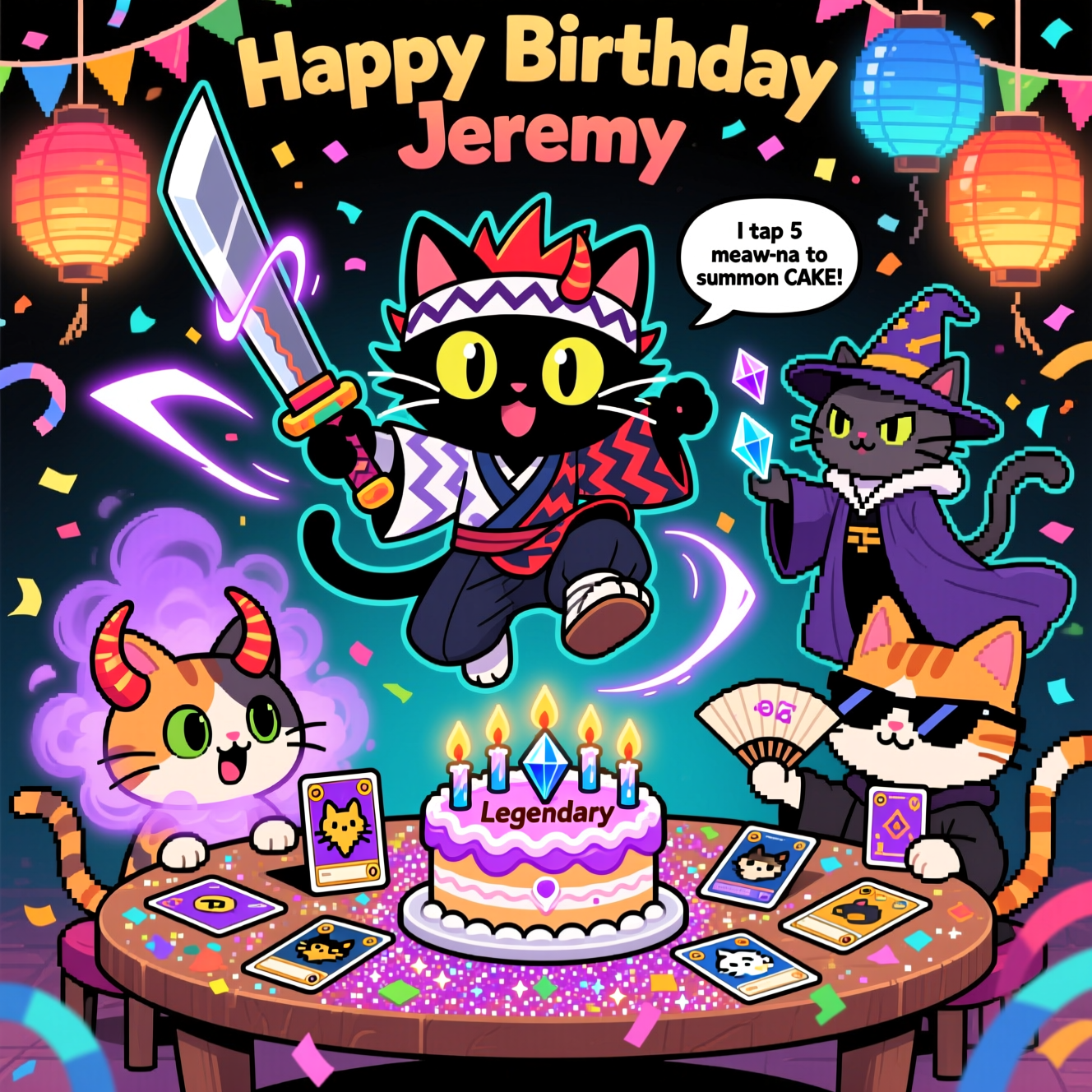 At the top of the Cartoon Style image, “Happy Birthday Jeremy”

A bright, playful cartoon scene with thick black outlines and bold, saturated colors: a chibi squad of cats in an over-the-top anime card-duel birthday party. Center stage, a heroic demon-slayer cat (big sparkling eyes, spiky headband, zigzag-pattern haori, oversized toy katana) leaps in an energetic pose over a low table covered in glittery trading cards. Elemental slash arcs and speed lines swirl around them. Across the table, a cute horned “demon” cat pops out of a shiny holo card with a smoky purple aura, looking hilariously startled. A wizardy mage-cat in a billowing robe conjures floating “meow-na” crystals, while a fourth meme-cat in pixel “deal-with-it” sunglasses smirks and fans a hand of cards. The cards show stylized cat-art and icons (no legible text), with a big “Legendary” birthday cake on the table decorated like a powerful artifact, topped with glowing crystal candles. Confetti, streamers, and party lanterns shaped like colorful mana orbs fill the background. Exaggerated proportions, whimsical poses, chunky cel shading, and bouncy highlights to sell the fun, anime, demon-slayer, Magic-the-gathering, and card-game vibes.

Add one small speech bubble near the hero cat with: “I tap 5 meow-na to summon CAKE!”
Generated with these themes: Cats, Memes, Anime, Demon slayer, Magic the gathering , Card games, and .
Made with ❤️ by AI.