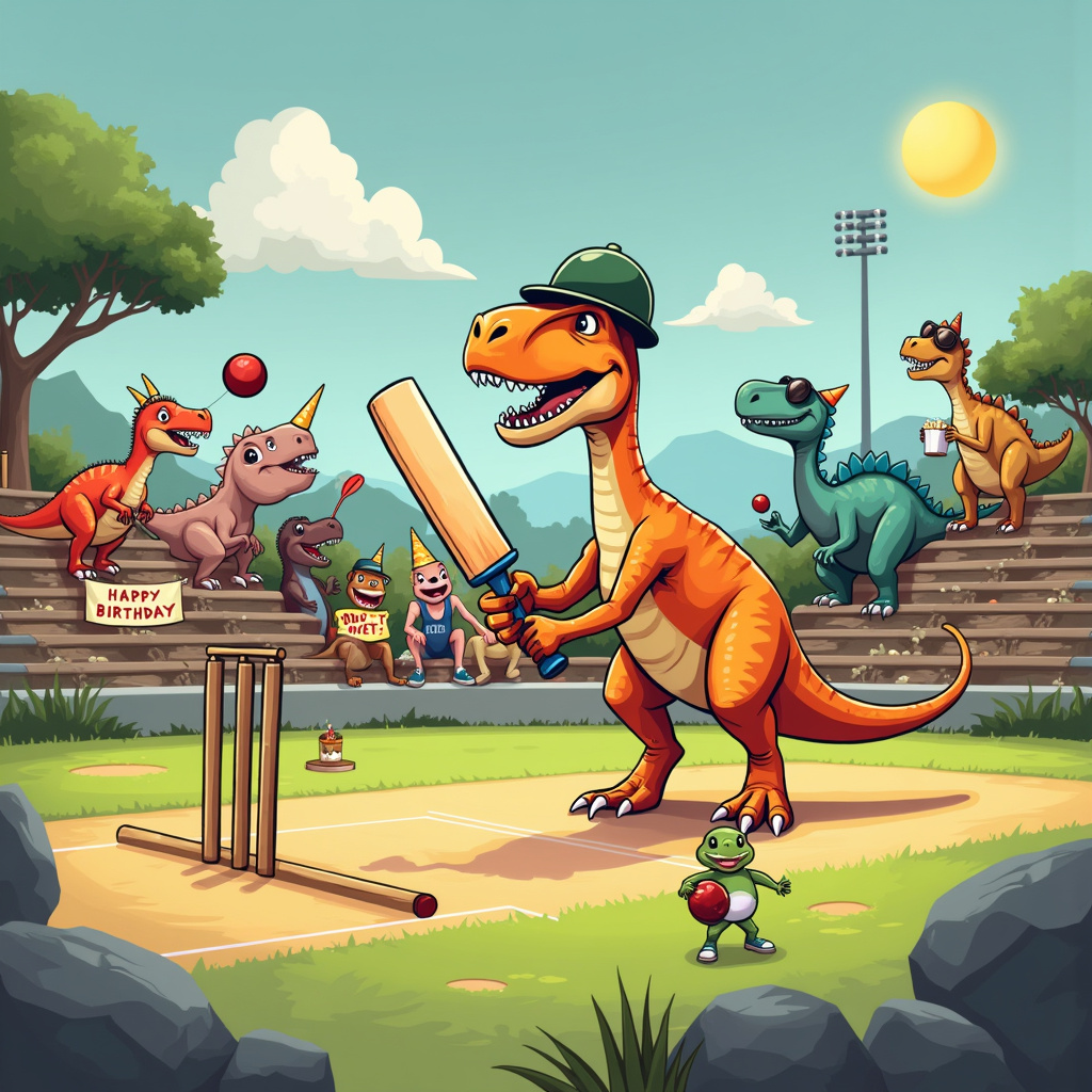 On the front cover of this quirky birthday greeting card, imagine a vibrant, playful scene where prehistoric meets modern sport in a way that only a creative genius could conjure.

The centerpiece of the scene is a cricket match, but with a twist: it's being played by dinosaurs! Picture a cartoon T-Rex in the middle of a perfect cricket batting stance, comically small bat in its tiny arms, wearing a classic cricket helmet tilted precariously on its massive head. The T-Rex's large, expressive eyes are focused on an incoming pitch from a speedy Velociraptor, who’s winding up for a fierce underarm throw, the ball zooming through the air.

To the left, an Allosaurus is catching a ball mid-air with a pair of cartoonishly oversized wicket-keeping gloves, its tail wagging in concentration. Behind the T-Rex, a Stegosaurus stands as an umpire, holding a red card in its spiky tail, ready to call out any foul play.

In the background, a crowd of dinosaurs of all shapes and sizes sit on wooden bleachers, cheering and holding up banners that read "Happy Birthday!" and "Go Dino-Cricket!" The Triceratops trio in the front row are wearing birthday hats and blowing party horns. One Diplodocus is leaning over, holding a birthday cake with a gigantic "Happy Birthday" written in icing, its long neck making it possible to pass slices to the crowd.

The field itself is an amusing blend of prehistoric terrain and modern cricket ground. Large, flat rocks act as bases, and there's a giant fern tree near the boundary where a Pterodactyl is perched, ready to catch any high-flying balls. The pitch is a smooth stretch of packed dirt, but with patches of lush, green grass poking through. Above, a cartoon sun with sunglasses beams down, while fluffy clouds in the shape of cricket balls float by.

Adding an extra layer of fun, a small mischievous Compy (Compsognathus) is sneaking around the sidelines with a bucket of popcorn, trying to steal a piece of cake, while another rides a skateboard, adding to the sporty chaos.

This card cover encapsulates a delightfully imaginative, humorous scene, bursting with color and lively dinosaur characters engaging in a beloved sport, all centered around a joyful birthday celebration.
Generated with these themes: Cricket , Sport , and Dinosaurs.
Made with ❤️ by AI.