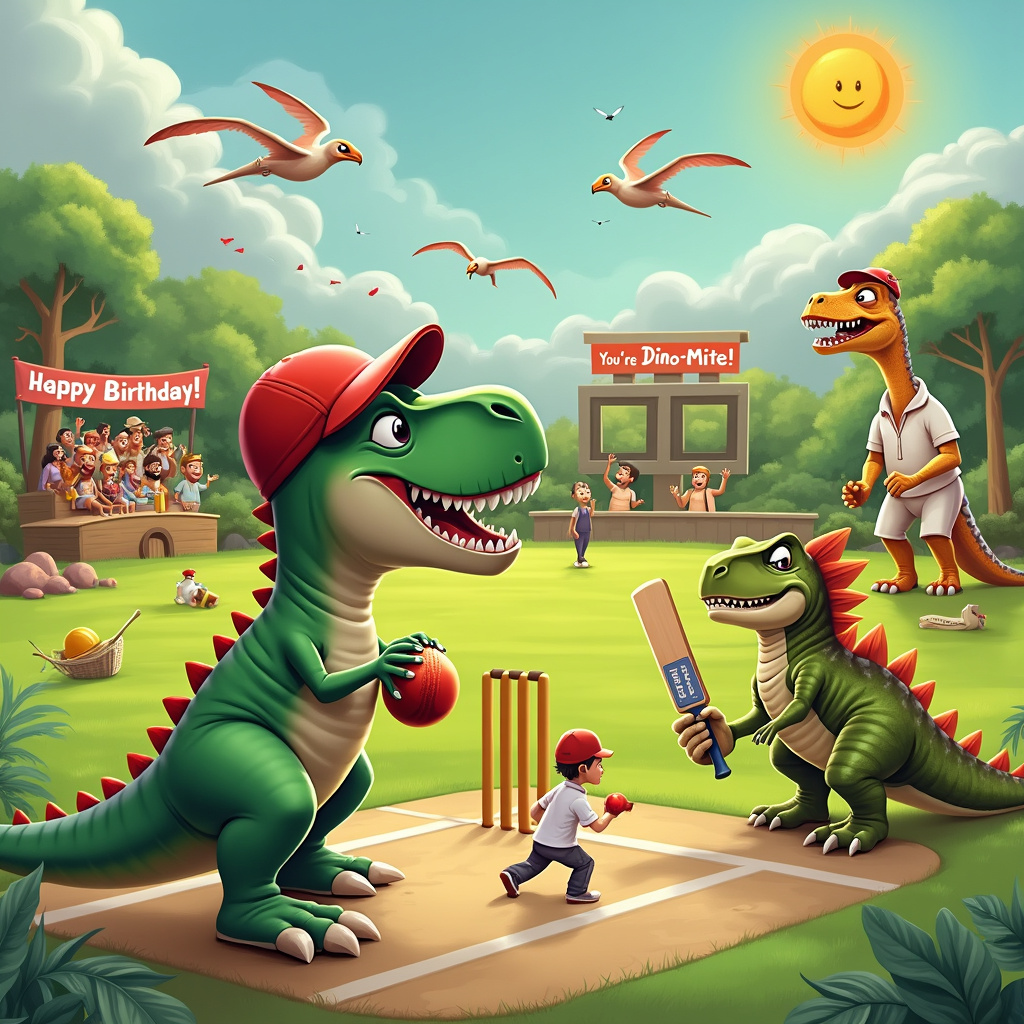 Picture a lush, green cricket field set in the heart of a whimsical, prehistoric world. In the center of the field, a burly Tyrannosaurus Rex, wearing a bright red cricket cap tilted at a jaunty angle, is poised to bowl the ball. His tiny, comically ineffectual arms are clutching an oversized cricket ball, and his toothy grin suggests he's up to some mischief.

Facing him at the wicket is a Stegosaurus, clad in sporty cricket whites, with pads strapped around his spiky legs. The Stegosaurus is gripping a cricket bat that's far too small for his size, and he's peering nervously at the T-Rex, sweat beads comically rolling down his forehead.

In the background, a Triceratops is fielding at first slip, wearing a pair of oversized wicket-keeping gloves that make his hands look even more enormous. A flock of Pterodactyls hover above, acting as enthusiastic spectators with banners that read "Happy Birthday!" and "You're Dino-Mite!" Some Pterodactyls are even wearing foam fingers and waving tiny flags.

On the sidelines, a Velociraptor coach, dressed in a sporty tracksuit and a whistle around his neck, is shouting enthusiastic instructions through a megaphone. Beside him, a Brachiosaurus umpire stands tall, his long neck giving him the perfect vantage point to oversee the game, with a referee's hat perched precariously on his head.

Scattered around the field are various sporty elements—a pile of cricket bats and helmets near the boundary line, a scoreboard that displays "Happy Birthday!" as the team name, and a picnic area where a group of animated cavemen and cavewomen are enjoying snacks, cheering on their favorite dinosaur players.

The sky above is a bright, clear blue with a few fluffy clouds, and in one corner of the card, a playful sun with a smiling face peeks out, casting a warm glow over the entire prehistoric cricket match.
Generated with these themes: Cricket , Sport , and Dinosaurs.
Made with ❤️ by AI.