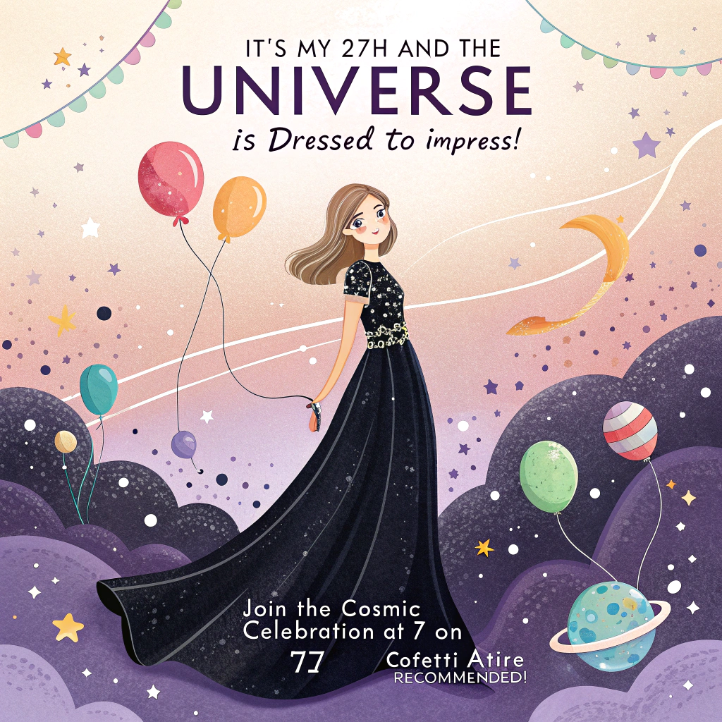 At the top of the image, "It's my 27th and the Universe is Dressed to Impress!"

At the bottom of the image, "Join the Cosmic Celebration at 7 on 7/27 – Confetti Attire Recommended!"

- In the center of the image, depict a whimsical scene with a girl in a long black maxi dress adorned with shimmering rhinestones at the waist. She stands amidst a swirling galaxy of colorful confetti, planets orbiting her like party balloons, and elegant celestial ribbons that cascade through a dreamlike, ethereal atmosphere.
Generated with these themes: A girl in long black maxi dress with rhinestone on the waist. Inviting for my 27th birthday on July 27th at 7:00 pm. Make it with confetti and elegant. , and .
Made with ❤️ by AI.