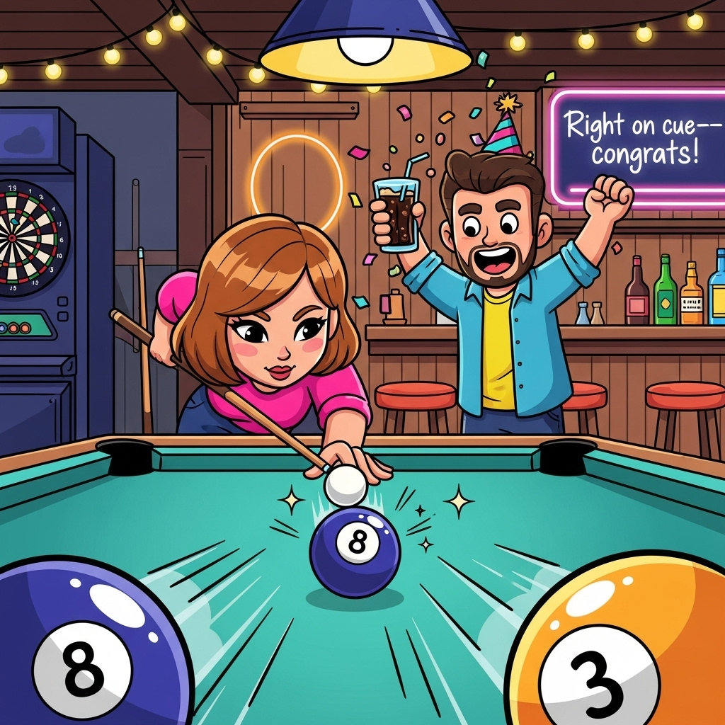 Cartoon-style, cute, celebratory scene: a man and a woman shooting pool in a cozy bar. Bright saturated colors and thick black outlines; exaggerated big heads, expressive faces, and whimsical, energetic poses. The woman leans over a teal felt pool table taking the winning shot; the 8-ball streaks toward the corner pocket with sparkles and motion lines. The man cheers beside her with a raised soda glass and a tiny party hat; confetti and star-shaped sparkles float in the air. Warm bar setting with wood paneling, string lights, neon glow, a dartboard, and plush stools; glossy billiard balls pop in the foreground. Low 3/4 angle from the table edge for a dynamic perspective; vector-clean shading, soft bounce light, shiny highlights. Color palette: teal, hot pink, lime, sunshine yellow, tangerine, deep navy. Add a single short line of hand-lettered text as a glowing neon sign on the back wall: “Right on cue—congrats!” (white letters with pink–orange glow, bold and readable). Portrait orientation, full bleed, no extra text, no logos, no watermarks, no photorealism.
Generated with these themes: .
Made with ❤️ by AI.