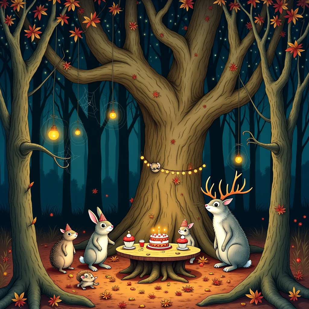 Dark enchanted forest with a wendigo hiding behind a tree Birthday Card