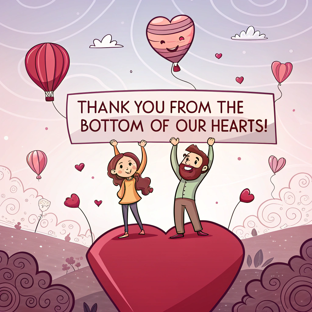 At the top of the image, "Thank you from the Bottom of Our Hearts!":

In the center, illustrate a cartoon-style scene of a quirky couple standing on a giant, oversized heart-shaped platform. They are both holding oversized 'Thank You' signs, with exaggerated joyful expressions. The background is filled with floating heart balloons and swirling romantic cartoon doodles.
Generated with these themes: Hearts, a couple , and .
Made with ❤️ by AI.