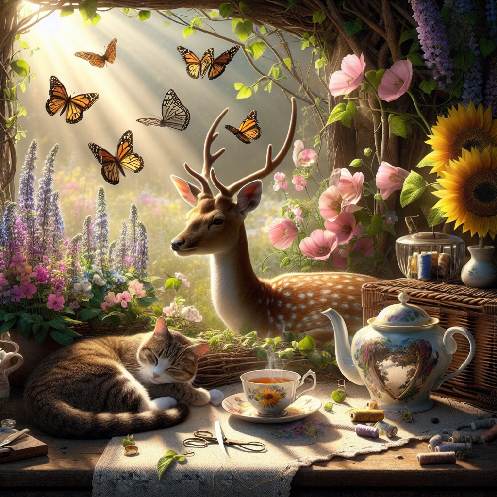 Conjure an image of a delightful Easter scene set in tranquil surroundings. Envision realistic butterflies fluttering gracefully around a gentle deer nestled by a blossoming bush of sweetpeas. A tabby cat is lounging languidly nearby, soaking up the warmth of the sun's rays, which pour onto an array of vibrant sunflowers sprouting bountifully. Amongst this natural splendor, a charming tea setting beckons relaxation. The teapot, delicate in appearance, is adorned with a reflection of the sacred heart symbol, an emblem of love and compassion. A sewing kit rests on a nearby table, indicative of preparations for the upcoming festive season, rounding off this quintessentially spring tableau.
Generated with these themes: Butterflies , Deer, Tabby cat, Tea, Sacred Heart, Sewing, Sweetpea, and Sunflowers .
Made with ❤️ by AI.
