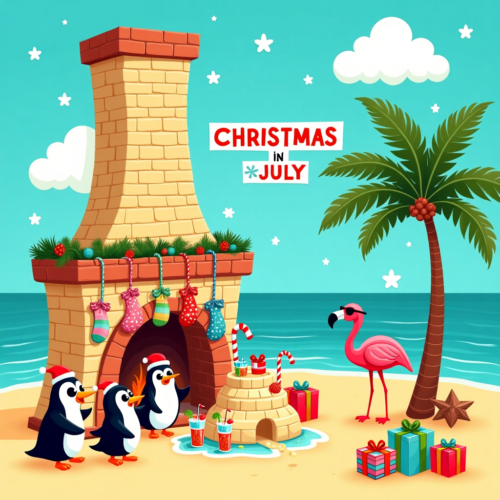 Create a vibrant and whimsical scene filled with playful contrasts and cartoonish charm. Imagine a bright, beachy Christmas landscape with elements that celebrate both the winter holiday and a summer vibe.

In the foreground, sketch a quirky fireplace made of sand bricks with an exaggerated, tall chimney that seems to wobble slightly as it reaches up into the sky. The sand should be a warm, golden color with textures that mimic both sand and traditional brickwork. Above the fireplace, hang a row of large, colorful Christmas stockings; each stocking should have its own unique design—perhaps one is covered in starfish, another in candy canes, and a third with tiny beach balls.

To the right, place a Christmas tree with wide, exaggerated branches that curve upwards, reminiscent of an umbrella pine. The tree is adorned with ornaments shaped like beach items—mini surfboards, seashells, and flip-flops. String lights made of glowing pearls wrap around the tree. At the base, scatter a mix of traditional Christmas presents wrapped in vibrant paper and topped with oversized, flouncy bows.

In the left corner, illustrate a group of cartoon penguins. Give them exaggerated features like large, round eyes and tiny top hats or Santa hats. They're gathered around a sand castle that's shaped like an igloo, with small flags on top flapping in the breeze.

Add a cheeky pink flamingo on the other side of the fireplace. The flamingo, sporting sunglasses, is balancing a tray of tropical drinks, each with a tiny umbrella. Its legs are long and exaggeratedly bendy, giving it a comical stance.

Above, the sky should be a brilliant azure with fluffy, oversized white clouds that seem to drift lazily across. In one of the clouds, subtly integrate a banner that reads "Christmas in July" in bold, colorful letters. The text should be playful, perhaps with each letter in a different color, and the cloud should be large enough to capture attention yet still blend seamlessly into the whimsical scene.

This vibrant illustration is framed by a simple border with alternating patterns of snowflakes and sun rays, tying together the unexpected fusion of winter and summer elements in this imaginative holiday greeting card.
Generated with these themes: Fireplace, Christmas Tree, Christmas Stockings, Penguins, Sand Castle, Flamingo, Christmas Presents, Clouds, and .
Made with ❤️ by AI.