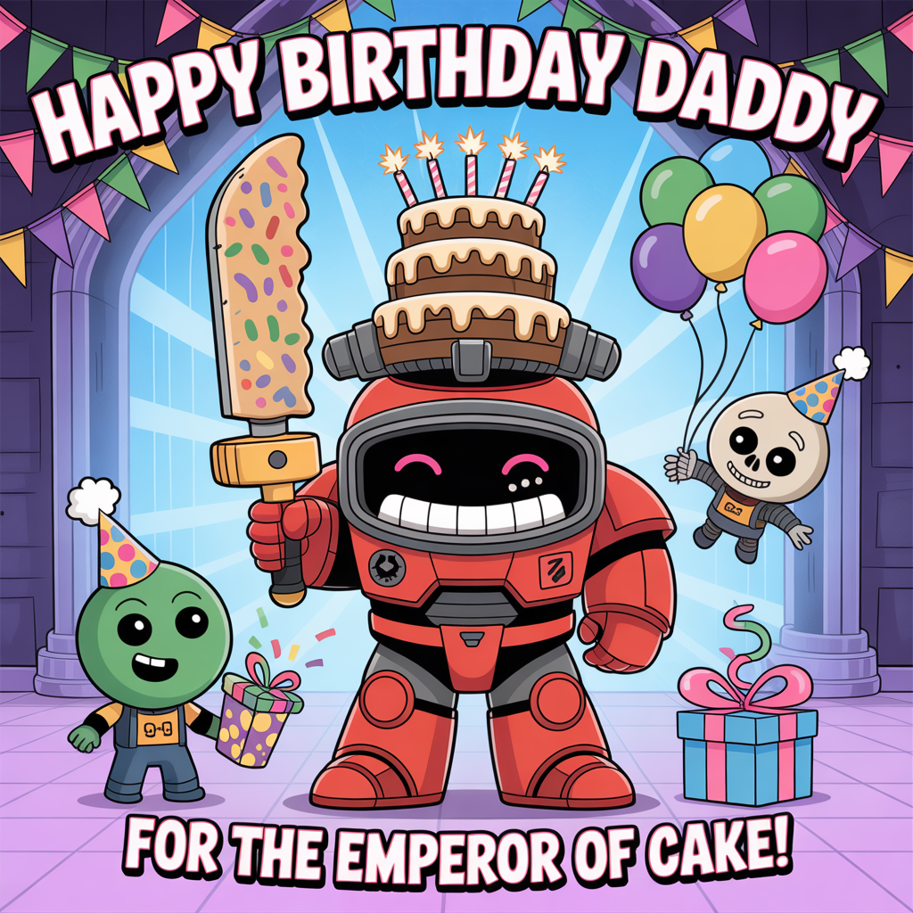 At the top of the Cartoon Style image, "Happy Birthday Daddy"
At the bottom of the Cartoon Style image, "For the Emperor of Cake!"

- Center scene: A chibi, heroic “space-marine” dad in oversized, candy-colored power armor, grinning under a popped-up helmet visor. He hoists a towering birthday cake shaped like a mini dreadnought, stacked with sparking candles and dripping frosting, while his “chainsword” is a giant frosted cake-knife covered in rainbow sprinkles.
- Side characters: A goofy, green, chibi ork in a polka-dot party hat blasts confetti from a party popper and clutches a gift-wrapped box with hazard-stripe ribbon. A smiling servo-skull in a tiny party hat floats by, juggling balloons and streamers.
- Setting: A bright, playful, gothic sci-fi hall decked with bunting made from oversized “purity seals,” colorful balloons, and star-shaped confetti. Chunky arches and sci-fi panels are softened with festive decorations.
- Style notes: Exaggerated proportions, thick black outlines, bright saturated colors (electric blues, hot pinks, lemon yellow, candy purple), bubbly cel-shading, and energetic motion lines. Big expressive eyes, huge grin, zero gore—everything toy-like and party-themed.
- Composition: Slightly low-angle, mid-shot to make Dad look adorably epic. Keep generous, clean space for the two text lines; render them in bold, chunky party lettering with high contrast and a fun outline for legibility.
- Lighting: Warm candle glow from the cake, sparkles and glittery highlights on armor and balloons.
- Only include the two text lines specified; no other readable text.
Generated with these themes: Warhammer 40k, and .
Made with ❤️ by AI.