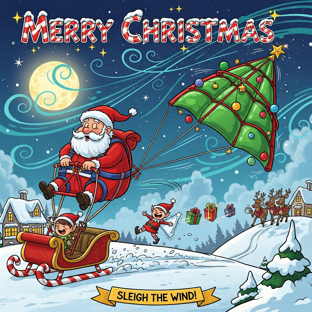 At the top of the Cartoon Style image, the text “Merry Christmas” in big candy-cane striped letters, frosted with snow and twinkling stars.

Funny Christmas scene in playful Cartoon Style: exaggerated, chubby Santa strapped into a bright red harness, gripping a control bar, being joyfully towed across a snowy night sky by a gigantic green-and-red power kite (puffed foil cells, billowing like a Christmas tree with baubles and a star tip). Candy-cane striped kite lines arc dramatically; Santa’s beard and hat stream back, eyes wide with glee. Below, a sleigh-shaped kite buggy with candy-cane runners skids over sparkly snow; two squealing elves hang on in energetic, flailing poses—one elf midair doing an accidental “snow-angel” spin. Reindeer on a hill watch with mugs of cocoa, giving goofy thumbs-ups. A trail of gifts bobs behind like colorful kite tails.

Background: cozy snow-dusted village with glowing windows, oversized moon and starry twilight sky, swirly aqua wind gusts, glittering snowflakes. Bright saturated palette (holly green, cherry red, icy cyan, gold), thick black outlines, punchy cel-shading, squash-and-stretch forms, bouncy motion lines, whimsical energy. Portrait, full-bleed composition with plenty of open sky for the title.

At the bottom, a small ribbon banner with the cheeky caption: “Sleigh the wind!”
Generated with these themes: Power Kite , and .
Made with ❤️ by AI.