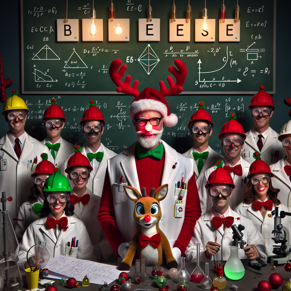 A comical illustration depicting Santa as a quirky scientist, his suit now covered with equations and pocket protectors. Elves assist as engineers, wearing hard hats and consulting blueprints for toy designs. Rudolph’s red nose is a glowing LED, part of a whimsical engineering experiment. Amidst beakers and test tubes, the periodic table hangs with holiday decorations, and the phrase 'Buone Feste' is etched into a chalkboard in the background, surrounded by mathematical formulas.
Generated with these themes: mechanics/engineerings/science.
Made with ❤️ by AI.