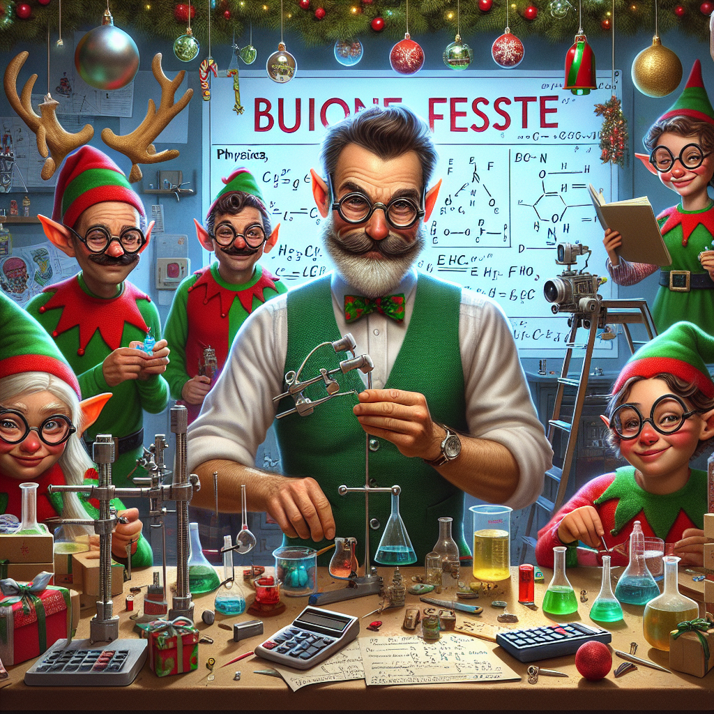 A lighthearted Christmas vignette features an elf workshop converted into a science lab, with elves in goggles mixing holiday-themed chemical concoctions. A reindeer with a ruler and calculator adjusts the trajectories for present delivery. Santa, clad in an engineering vest, oversees the construction of a toy space station. In the corner, 'Buone Feste' is humorously projected onto the wall with a scientific overhead projector, angled amidst physics equations and levitating ornaments.
Generated with these themes: mechanics/engineerings/science.
Made with ❤️ by AI.