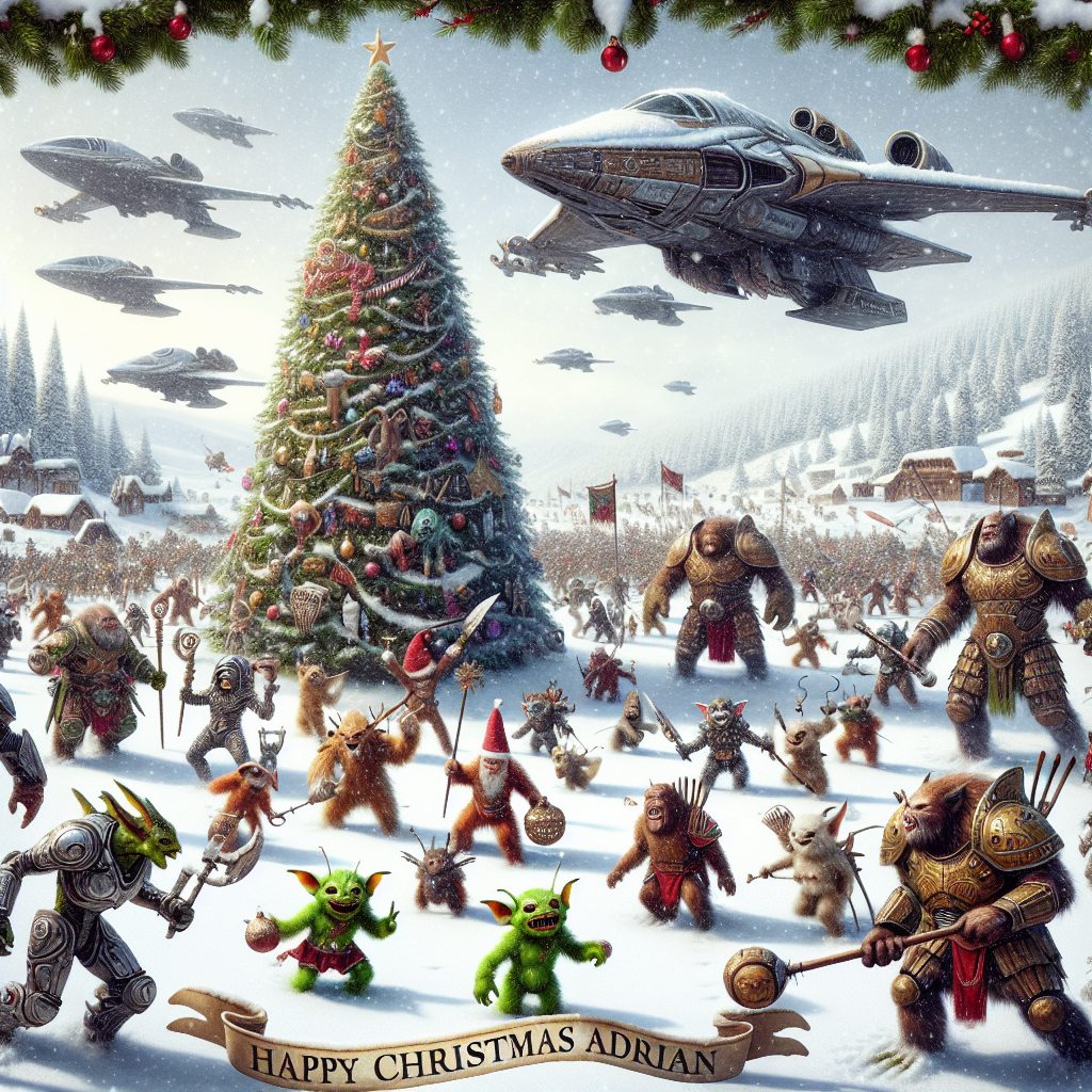 This festive illustration showcases a snowy battleground with Warhammer soldiers and Star Wars characters engaging in a friendly snowball fight. A decorated Christmas tree stands in the center, and playing in the snow around it are Ewoks and Goblins. Above the scene, 'Happy Christmas Adrian' is inscribed within a scroll carried by a flying X-wing.
Generated with these themes: Warhammer Star Wars .
Made with ❤️ by AI.