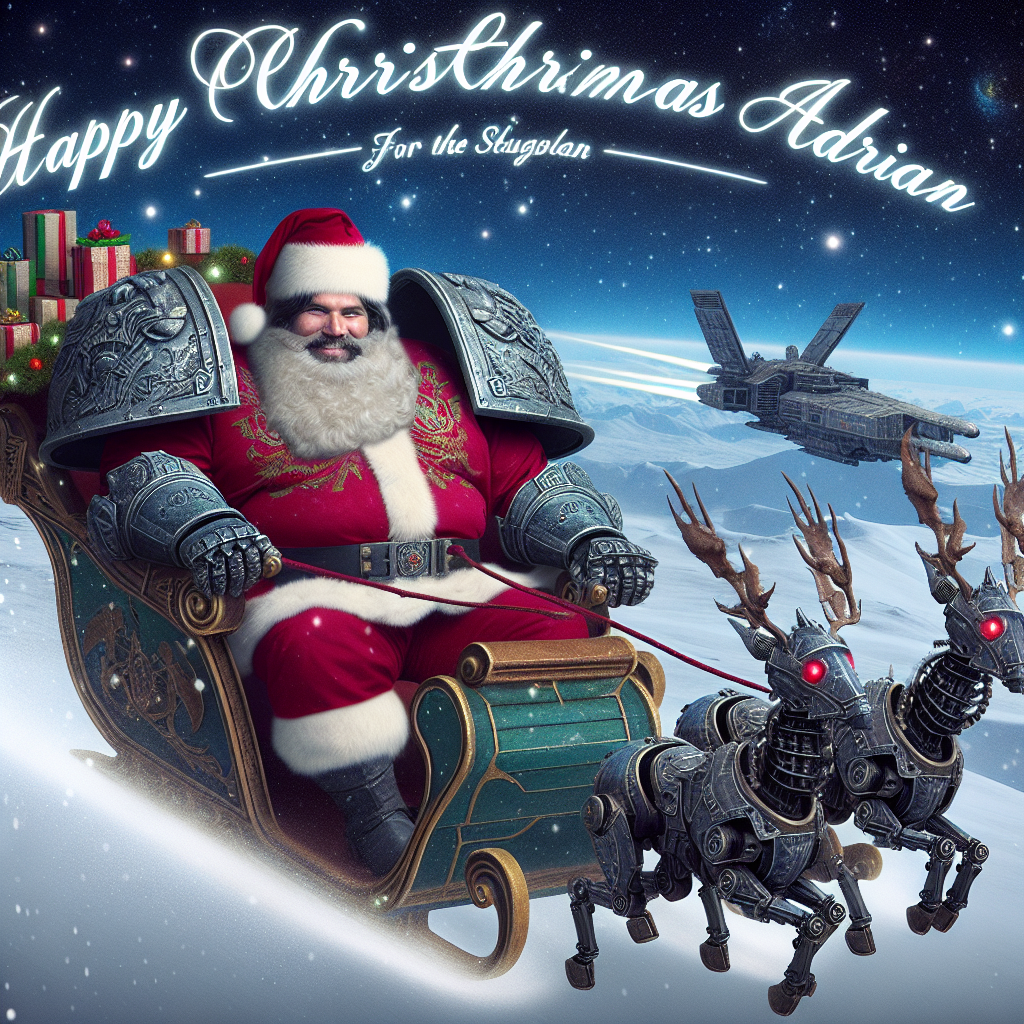 A comical Christmas scene where Santa Claus, clad in a Warhammer-style armor, is navigating a sleigh resembling the Millennium Falcon through a starry sky. A jolly group of reindeer are replaced by AT-ATs with antlers, and amidst the snowy clouds below, the text 'Happy Christmas Adrian' glows in an elegant Star Wars crawl font.
Generated with these themes: Warhammer Star Wars .
Made with ❤️ by AI.