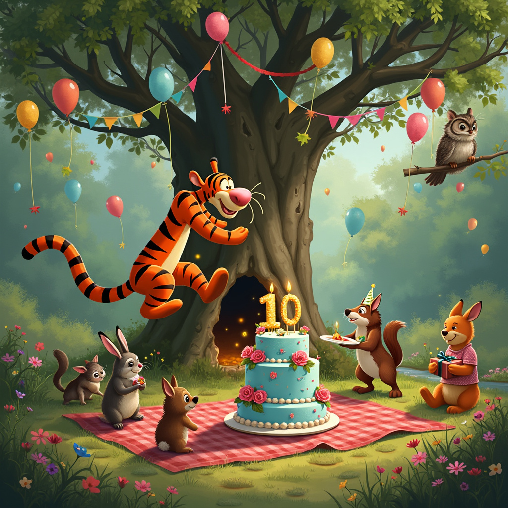 Picture this:

In the middle of a lush, enchanting forest, a whimsical birthday party is in full swing. A large oak tree stands proudly at the center, with vibrant, colorful balloons tied to its branches and streamers made of leaves and flowers draped artfully from limb to limb. The tree has a hollowed-out base, from which a cheerful light spills, suggesting a cozy little nook inside.

In the foreground, Tigger—yes, the bouncy, energetic friend from the Hundred Acre Wood—dominates the scene. He’s mid-bounce, springing off a large, intricately decorated birthday cake that rests on a red-checkered picnic blanket. The cake is multi-tiered, covered in sky-blue frosting, and adorned with edible flowers and honey pots (a nod to Tigger's pal, Winnie the Pooh). The top tier of the cake has a large, glittering number denoting the birthday age, surrounded by a halo of lit candles.

Around Tigger, other woodland creatures join the celebration. A family of curious rabbits, with twitching noses and long, fluffy ears, watches Tigger's antics. A wise old owl, perched on a lower branch of the oak tree, wears a tiny party hat askew on its head, holding a rolled-up birthday banner in its beak that reads, "HAPPY BIRTHDAY!" in bright, bold letters.

On one side of the blanket, a hedgehog in a polka-dotted dress serves slices of cake to a group of animated squirrels, each holding miniature plates. To the other side, a fox with a gift-wrapped box (complete with a huge bow) approaches, balancing carefully on two legs while the other two grip the present.

In the background, more trees create a natural amphitheater, their foliage glowing under the soft sunlight filtering through. Hidden among the leaves, strings of fairy lights twinkle, adding an extra layer of magic to the scene. On the ground, wildflowers of every imaginable color dot the landscape, and a small stream meanders lazily, reflecting the joyous scene above.

Every detail is crafted to draw the eye, from the intricate textures of Tigger's fur to the gleam of the cake's frosting and the sparkle of the fairy lights. The overall image is a harmonious blend of nature's beauty and the whimsical charm of a woodland birthday bash, with Tigger’s boundless energy as the vibrant centerpiece.
Generated with these themes: Tigger.
Made with ❤️ by AI.