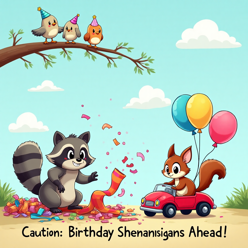 At the top of the Cartoon Style image, the text reads: "Happy birthday, Ada".

**Image Description:**

A whimsical cartoon scene unfolds on the front of the birthday card. In the foreground, a playful raccoon with a sly grin is caught red-handed, unraveling an endless roll of bright, colorful wrapping paper. The raccoon’s bushy tail is tangled in ribbons, and one of its tiny paws is mischievously tossing confetti into the air. 

Beside the raccoon, a cheeky squirrel with oversized, googly eyes is riding a toy car, zooming around and trailing balloons behind it. The balloons are vibrant shades of blue, pink, and yellow, bobbing happily as if part of the celebration.

In the background, a trio of cartoon birds in party hats are perched on a branch, chirping merrily and peeking down at the chaos below. The sky is a clear, bright blue, dotted with fluffy, exaggerated clouds, adding to the scene's cheerful and carefree atmosphere.

Across the bottom of the image, the words "Caution: Birthday Shenanigans Ahead!" are scrawled in a playful, cartoonish font, bringing a cheeky smile to anyone who sees it.
Generated with these themes: Causing mischief, and .
Made with ❤️ by AI.