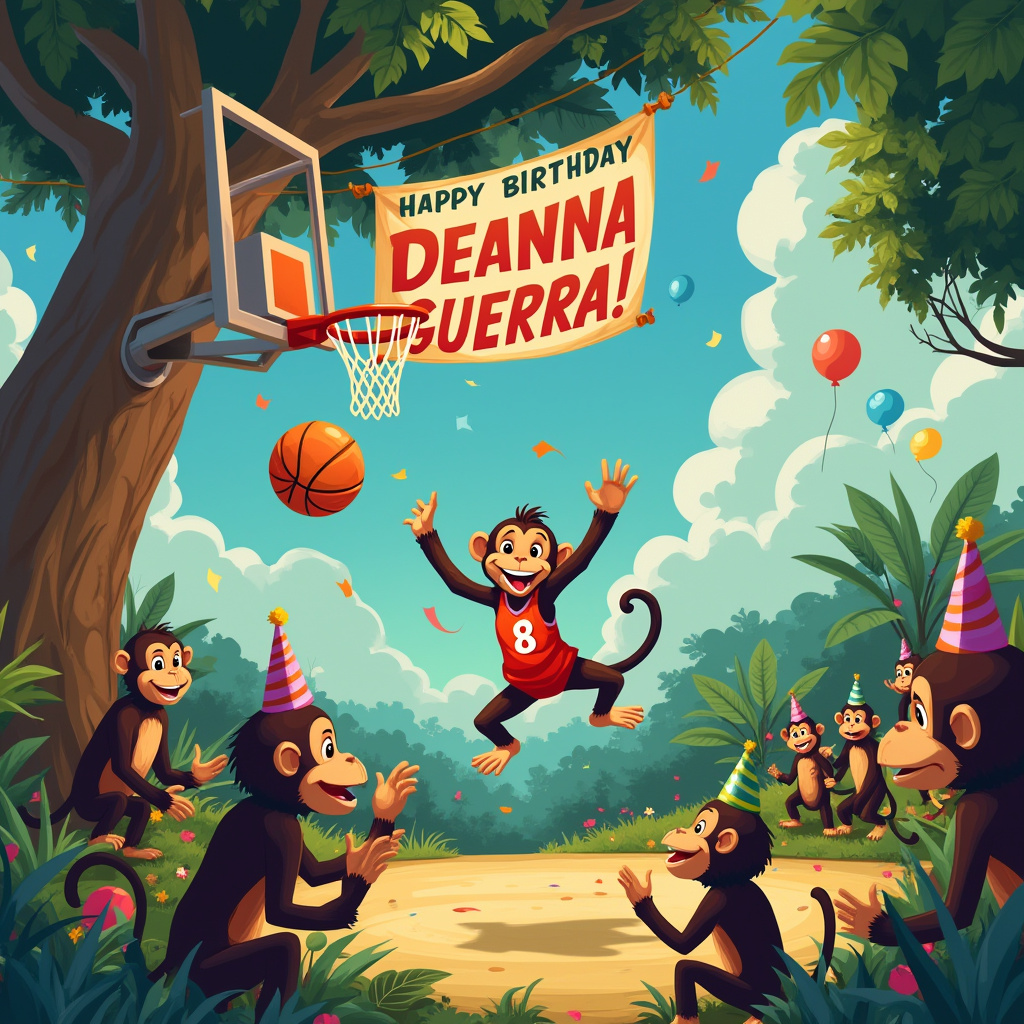 In a vibrant, bustling jungle clearing, a lively birthday party is in full swing. The scene is centered around a giant tree with a basketball hoop ingeniously attached to one of its sturdy branches. Hanging from another branch is a large, colorful banner with "Happy Birthday Deanna Guerra!" written in bold, playful letters. Below the banner, a cheeky monkey, wearing a tiny basketball jersey with the number "8" on it, is leaping into the air, poised to make a slam dunk with an oversized basketball that's almost as big as it is. The monkey's tongue is sticking out in concentration as its tail spirals upward, adding a comical flair to the action. Around the tree, other monkeys are gathered, clapping and cheering their fellow teammate. One of them is holding a party hat in its paw, while another blows a party horn, creating a festive atmosphere. The ground is strewn with colorful confetti and balloons, some shaped like basketballs, adding to the celebratory vibe. In the background, the sky is a serene blue with fluffy clouds that, if you squint just right, spell out "Go Deanna!" in their curvy shapes. The jungle trees encircle the scene like eager spectators, with tropical flowers and vines peeking through, their vibrant hues accentuating the cheerful chaos of this unique birthday celebration.
Generated with these themes: Monkey, and Basketball.
Made with ❤️ by AI.