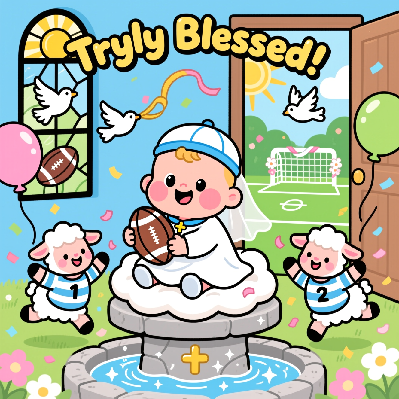 Playful cartoon scene with thick black outlines and bright saturated colors, cute and energetic. Centered, portrait composition: a chubby, rosy-cheeked baby with huge sparkly eyes in a flowing white christening gown with a soft blue ribbon and tiny gold cross pendant, happily hugging a mini oval rugby ball. The baby wears a tiny soft scrum cap and sits snugly on a cushy cloud-shaped cushion atop a small stone baptismal font, water twinkling with star-sparkle highlights. Around the font, two adorable lambs in striped rugby jerseys (numbers 1 and 2) bounce in celebratory poses, tossing flower petals. In the background, sunbeams pour through stained-glass windows featuring subtle dove and rugby-ball motifs, and beyond open doors you glimpse a bright green pitch with an H-shaped goalpost wrapped in white ribbons and blossoms. Confetti swirls, balloons shaped like rugby balls float, and a few friendly doves swoop with ribbon streamers. Single short line of text, in chunky bubble lettering with a thick outline and subtle shadow, curved over the top: “Tryly Blessed!” Color palette: sky blue, lime green, sunny yellow, bubblegum pink, and soft white; simple cel shading, clean shapes, big smiles, and whimsical motion lines for an extra cute, celebratory vibe.
Generated with these themes: Baby christening, Rugby, and .
Made with ❤️ by AI.