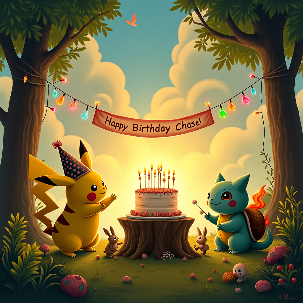 In the enchanting, whimsical style of Maurice Sendak with a touch of Edward Gorey's eccentricity, the scene unfolds in a dreamlike forest clearing bathed in the warm glow of a surreal sunset. In the foreground, Pikachu, sporting an oversized polka-dotted party hat that barely balances on its electric ears, playfully juggles colorful lightning bolts that dance like fireworks. Beside Pikachu, Bulbasaur is joyfully tangled in a string of multicolored party lights, its plant bulb glowing like a festive lantern. Charmander, with its flame-tipped tail illuminating the scene like a living candle, roasts marshmallows skewered on twigs, sharing its fiery warmth with a cluster of wild, party-goer Butterfree who flutter nearby, their wings creating a rainbow kaleidoscope effect. Squirtle, wearing a jaunty top hat, orchestrates a water fountain show from its water gun, crafting a liquid rainbow in the sky.

In the center of this magical gathering, a grand cake stands atop a tree stump pedestal, frosted with the creamy hues of twilight, adorned with tiny edible figures of each Pokémon. Hovering above the cake, supported by invisible strings, is a delicate banner that reads "Happy Birthday Chase!" in letters that twinkle like stars. In the background, the sky is a surreal tapestry of swirling clouds painted with hints of Aubrey Beardsley's intricate designs, subtly spelling out "Chase" with interwoven cloud wisps. Lush vines and fantastical flora border the scene, echoing Arthur Rackham's detailed touch, while a curious Beatrix Potter-esque rabbit peeks from behind a toadstool, joining in on the celebration. The overall effect is a jubilant, nature-infused birthday bash, harmonizing with the gentle wildness of an N.C. Wyeth illustration and the dreamlike serenity of a Maxfield Parrish landscape.
Generated with these themes: Pokemon wearing party hats, Pikachu, Bulbasaur, Charmander, and Squirtle.
Made with ❤️ by AI.