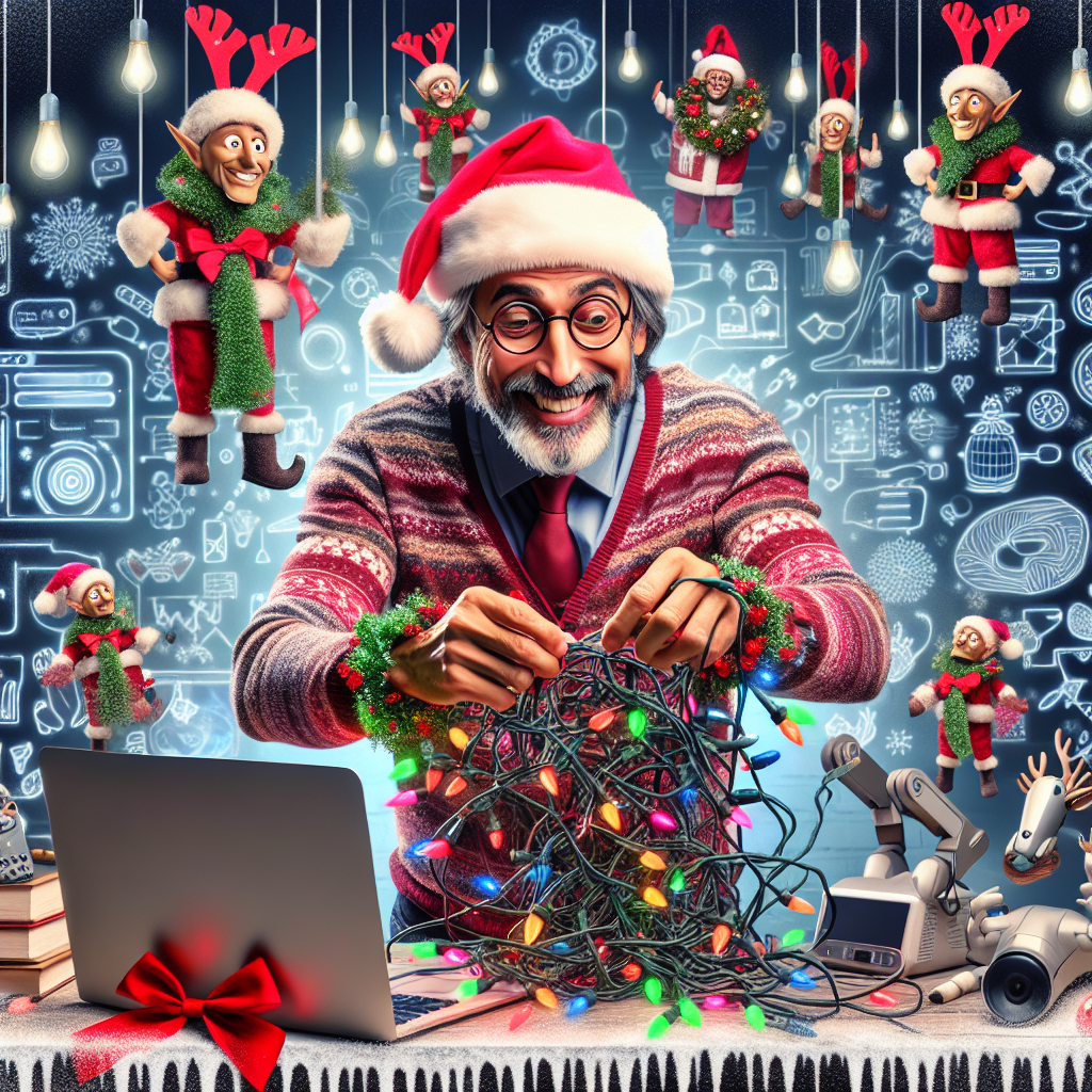 Technology teacher, gadgets around, ai models in background Christmas Card