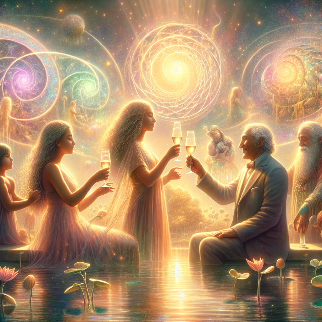 Imagine an ethereal birthday celebration taking place in a magical setting. The sun radiances the scene with a soft, golden light that speckles over a diverse family composed of a Caucasian woman, a Hispanic man, a Middle-Eastern child, and a South Asian elder, all gathered by the side of an iridescent river. They are engaged in toasting with detailed wine glasses, which look as if they encapsulate the essence of music, and the melodies are visualized as spirals encompassing the air. The surroundings vibrate with an intangible rhythm while aquatic plants sway rhythmically, symbolizing the mystical unity of the natural elements in this surreal illustration.
Generated with these themes: Sun, Wine glass, Music, Water, and Family .
Made with ❤️ by AI.