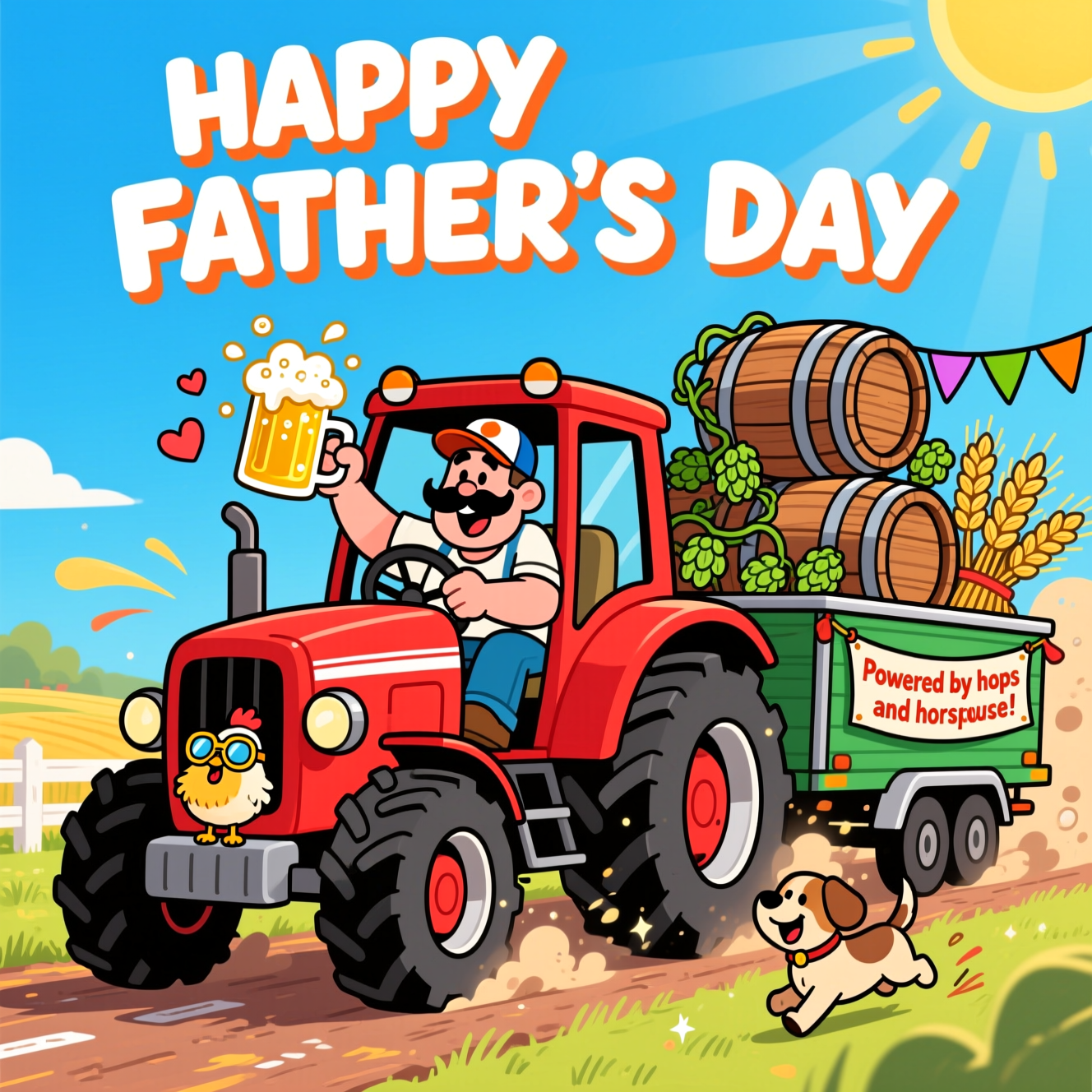 At the top of the Cartoon Style image, HAPPY FATHER’S DAY

Playful, vibrant cartoon scene in portrait orientation: a huge, bright-red tractor with exaggerated chunky tires is parked on a sunny farm track, drawn with thick black outlines and bold, simple shapes. In the cab, a cheerful dad character with a big mustache and baseball cap leans out in an energetic pose, one hand on the wheel, the other hoisting a frosty golden beer mug with bubbly foam splashing into tiny heart shapes. A bouncy trailer behind is stacked with comically oversized beer barrels, hops vines, and sheaves of barley; colorful bunting flutters from the sides. On the trailer, add one small banner with a cheeky line: "Powered by hops and horsepower!" Keep all text bold, chunky, and clean. Surround with lively motion swooshes, dust puffs around the tires, sparkly highlights on the mug, and goofy farm details (a chicken in goggles perched on the fender, a happy dog trotting alongside). Bright saturated colors (fire-engine red, sky blue, sunny yellow, fresh green), minimal shading with soft cartoony shadows. Big blue sky and sunbeams above to leave space for the top text; render the top text in large, playful hand-lettering with a white outline and warm orange drop shadow so it pops against the sky. No other text or logos.
Generated with these themes:  Beer, tractors, and .
Made with ❤️ by AI.