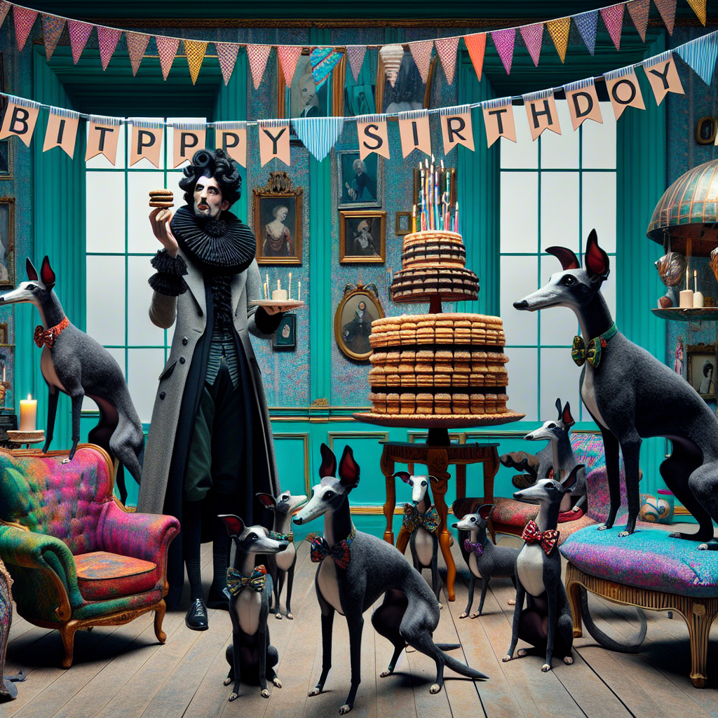 In this entertaining birthday sinario, a tall figure with black ruffled hair and somber clothing serenades a group of sleek greyhound-like dogs in a whimsical living room festooned with birthday banners. The dogs, adorned by tiny bow ties, are perched on vibrant cushions, each holding a biscuit, appearing amusingly nonplussed by the giant coffee pot-shaped piñata hanging from the ceiling. The room seems to be filled with the enticing scent of coffee and biscuits.
Generated with these themes: Whippets, Nick cave, Coffee, and Biscuits.
Made with ❤️ by AI.