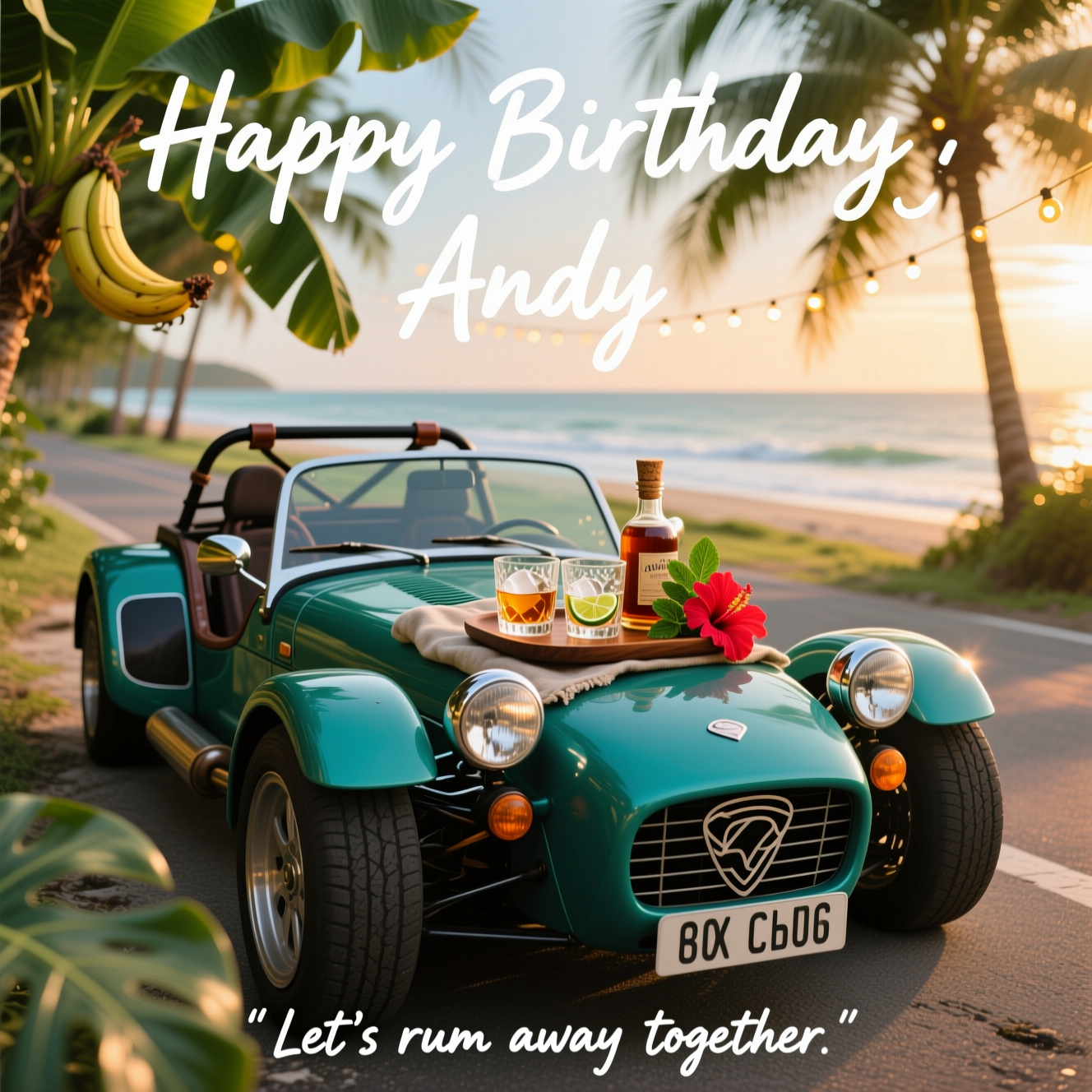 Caterham car in teal, rum, tropical plants, and Birthday Card