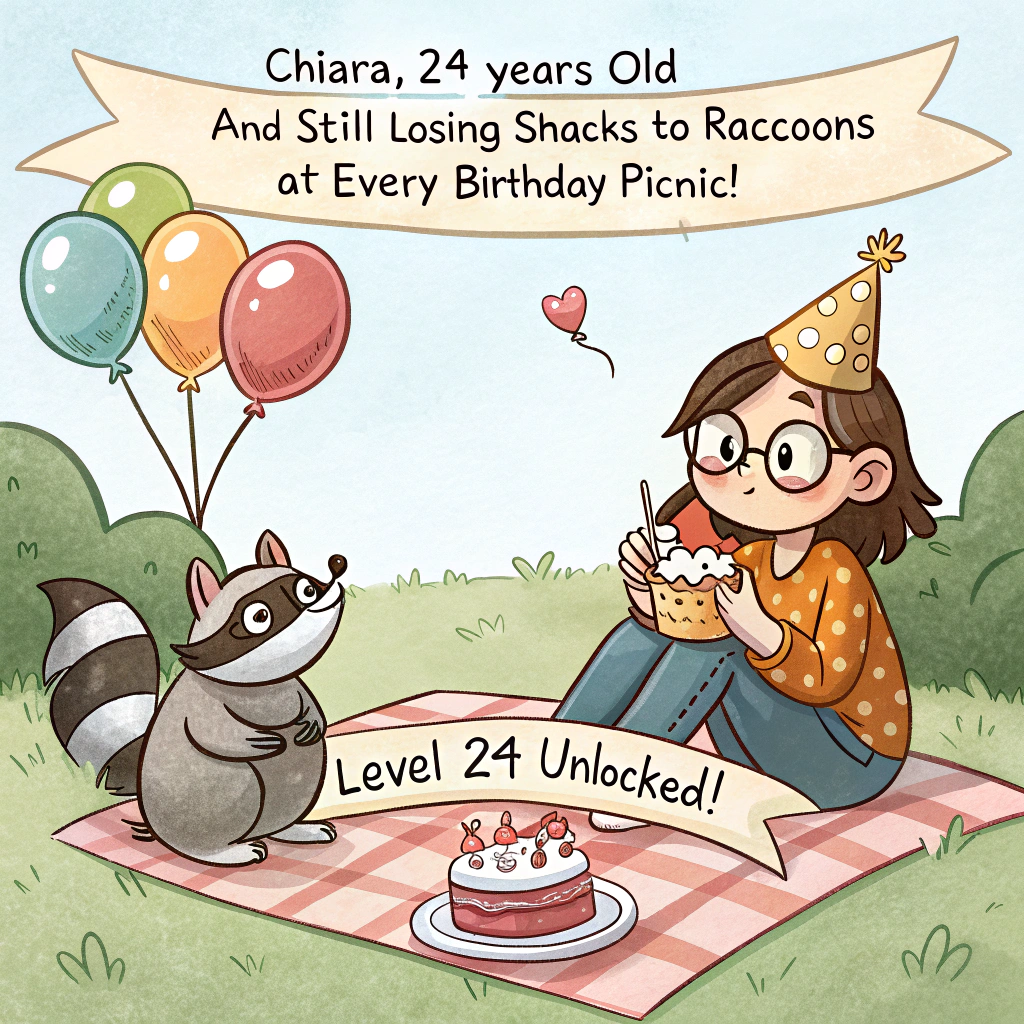 At the top of the image, "Chiara, 24 years old and still losing snacks to raccoons at every birthday picnic!"

– Depict a hilarious cartoon scene in the middle of the image: A cheerful outdoor birthday picnic with balloons and a banner reading “Level 24 Unlocked!” is underway. Chiara (drawn as a cheeky cartoon human character with a birthday crown) is sitting on a blanket mid-picnic, holding a cupcake.  
– A mischievous raccoon is mid-run, escaping with a slice of birthday cake on a plate, while another raccoon dives into a bowl of chips.  
– Meanwhile, a small mouse in party sunglasses and a tiny paper hat is helping itself to a slice of cheese and giving Chiara a sneaky thumbs-up.  
– Add extra comedic details: a tipped-over soda bottle, birthday candles stuck in a watermelon, and a party balloon being gnawed on by a squirrel in the background.  
– Overall vibe is chaotic birthday fun meets woodland animal buffet.
Generated with these themes: 24, Mouse, Racoon, Pic nic, and .
Made with ❤️ by AI.