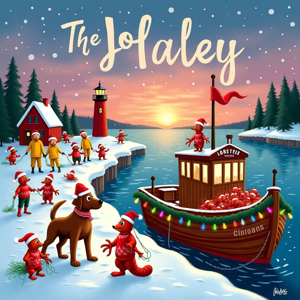 The scene unfolds in a bustling, snowy Nova Scotian harbor. To the right, a festive wooden lobster boat is docked, whimsically adorned with colorful Christmas lights that twinkle against the twilight sky. The boat's name, "The Jolly Toller," is humorously painted in bold, playful letters on its hull. A Nova Scotia Duck Tolling Retriever stands proudly at the bow, wearing a Santa hat with its ears poking through and a red scarf fluttering in the wind. This cheerful canine captain is holding a large fishing net filled with lobsters, each lobster wearing tiny Santa hats, some even sporting small, hand-knit Christmas sweaters. One lobster is cheekily waving a miniature candy cane. To the left, the harbor is bustling with cartoonish fishermen wearing oversized yellow rain slickers, their noses red from the cold, joyfully pulling in traps filled with more festive lobsters. Above the scene, the sky is painted in hues of pink and purple as the sun sets. In the clouds, the word "Haley" appears magically written, each letter shaped like a frosty snowflake, giving a nod to the recipient of the card. In the background, snow-dusted pine trees form a natural border, and a small lighthouse, decorated with a giant red bow and garland, casts a warm, friendly glow over the entire scene.
Generated with these themes: Nova Scotia Duck tolling retriever, and Lobster fishing.
Made with ❤️ by AI.