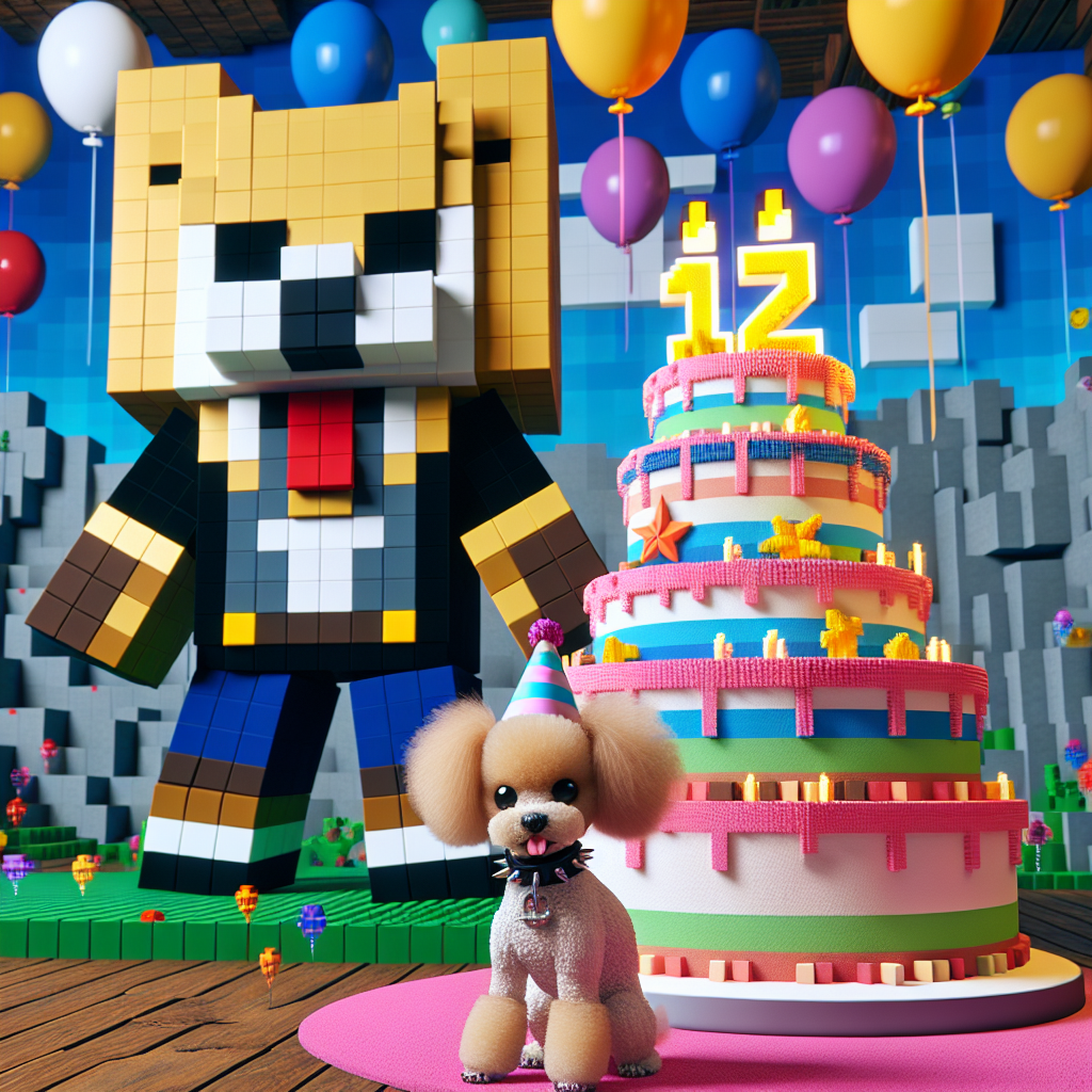 Imagine an energetic birthday celebration scene set in a lively virtual world evocative of popular blocky video games. In the midst of this, a miniature poodle with a charming party hat is seen next to a huge cake shaped like a character, notable for its cubic structure and distinct look, from such games. The background is filled with a colorful array of balloons dispersed throughout and a blocky landscape reminiscent of online terrain found in prominent voxel-based games, all contributing to the overall festive air.
Generated with these themes: Roblox, and Minature poodle.
Made with ❤️ by AI.