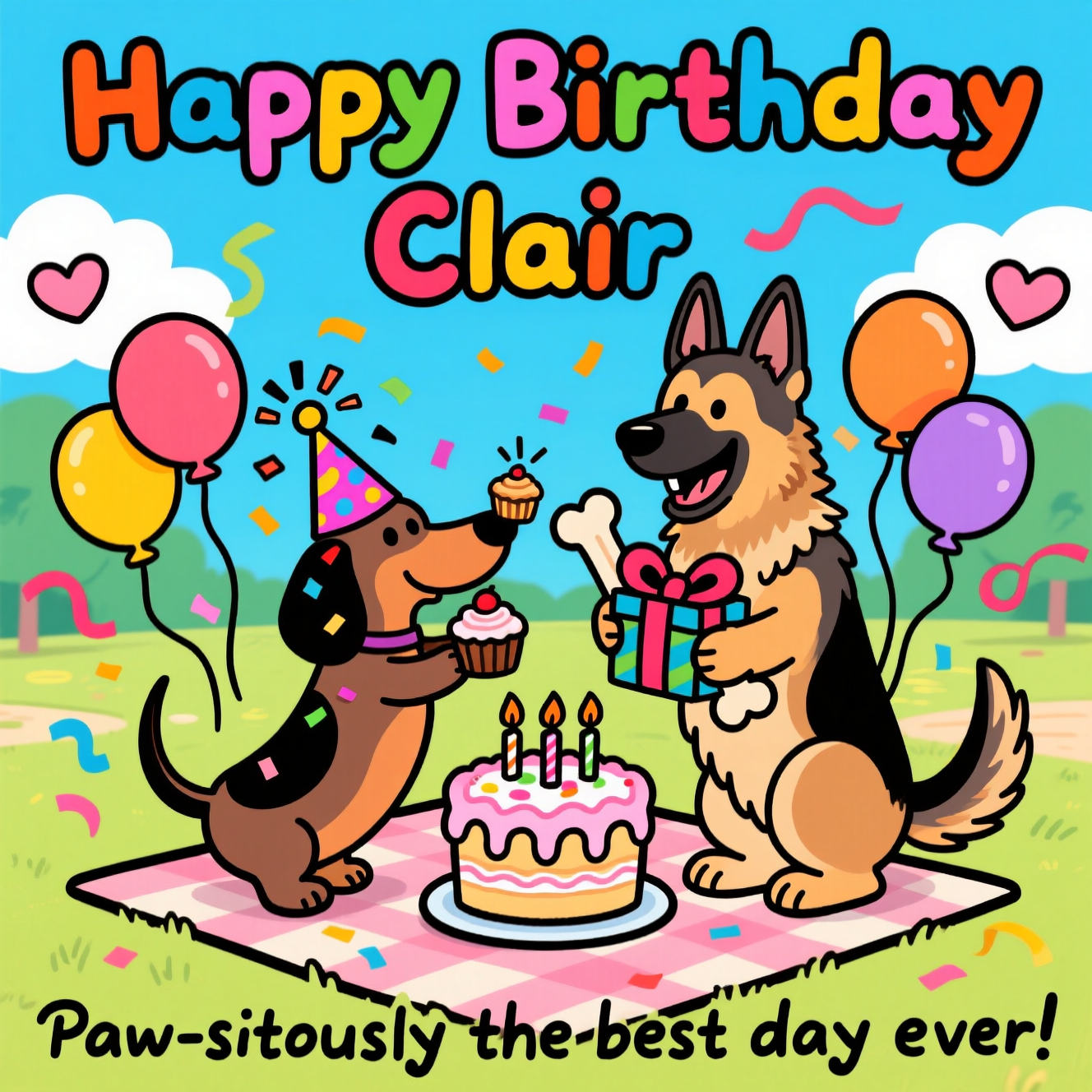 At the top of the Cartoon Style image, write in big, bouncy, colorful letters: **"Happy Birthday Clair"**.  

A playful, bright cartoon scene featuring a long, wiggly Dachshund and a tall, fluffy German Shepherd celebrating together. The Dachshund is wearing a sparkly party hat that's slightly too big, with confetti stuck to its fur, while balancing a cupcake on its nose. The German Shepherd is grinning widely, holding a giant, ribbon-wrapped bone like a birthday present, its tail wagging in a blur. Around them, colorful balloons float, streamers twist through the air, and a big, over-the-top birthday cake with dripping frosting and candles sits on a picnic blanket. The background is a sunny park with a few cartoon clouds shaped like hearts, and the whole scene is outlined in thick, bold black lines with vibrant, saturated colors. Add a small caption at the bottom in playful handwriting style: **"Paw-sitively the best day ever!"**
Generated with these themes: Dashaund & German Shepherd , and .
Made with ❤️ by AI.