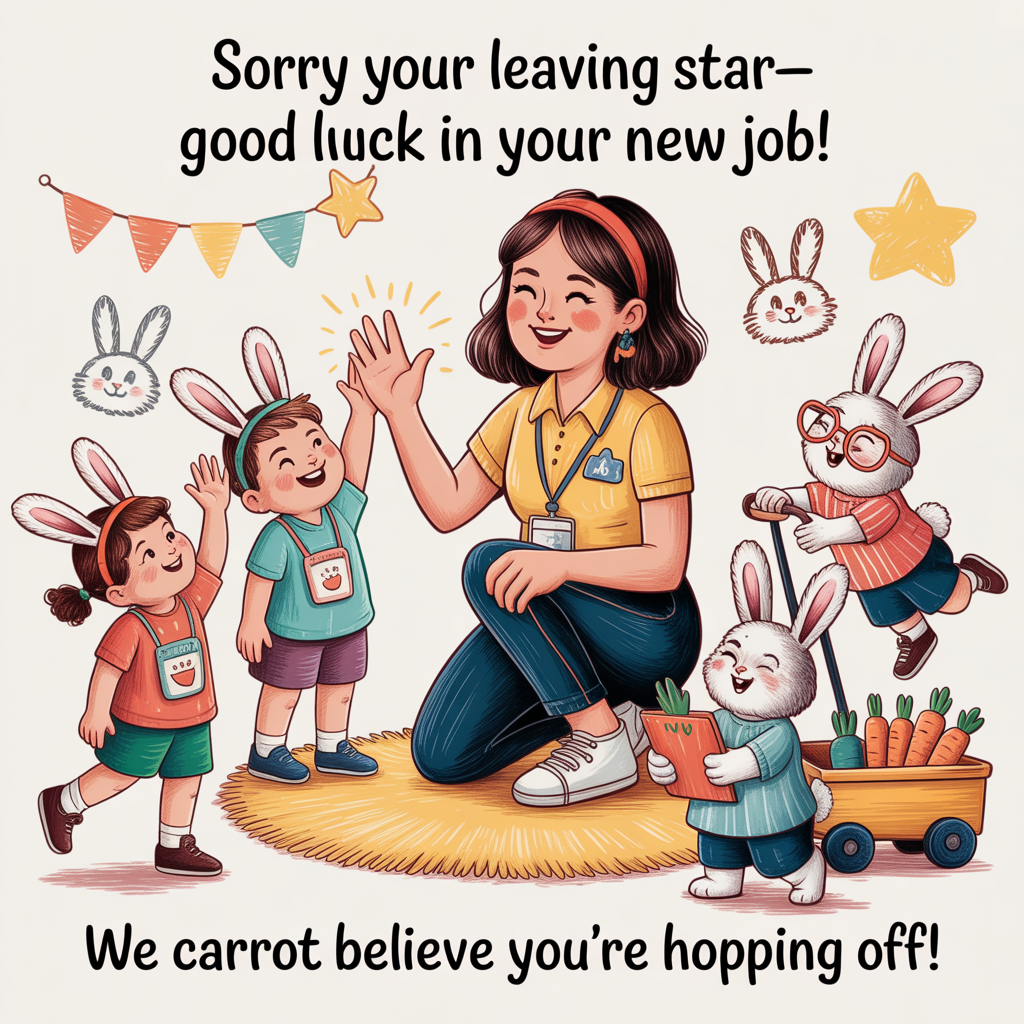 At the top of the Illustration Style image, "Sorry your leaving star- good luck in your new job"

At the bottom of the Illustration Style image, "We carrot believe you're hopping off!"

- Hand-drawn illustration with fine linework and textured brush strokes; balanced composition with generous negative space for the headline and punchline; warm, expressive palette (buttery yellows, soft corals, mint greens, cozy browns).
- Central scene: a cheerful nursery assistant (lanyard, star-shaped badge) kneels to high-five giggling children in colorful smocks and bunny-ear headbands, while a trio of fluffy rabbits “help” with the send-off—one in a tiny apron clutching a carrot-shaped clipboard, one tugging a little wagon piled with carrot-shaped crayons, and one popping out of a toy box wearing oversized glasses.
- Playful classroom vibes: star bunting and star confetti drifting through sunbeams, finger-painted bunny and star doodles on the wall, soft rugs, tiny chairs, and scattered toys; gentle motion lines and expressive faces add a funny, feel-good energy.
- Typography: hand-lettered, friendly script for the top line; the bottom punchline in a bold, bouncy handwritten style to accentuate the rabbit/carrot pun.
Generated with these themes: Rabbits , Nursery assistant , Children , and .
Made with ❤️ by AI.