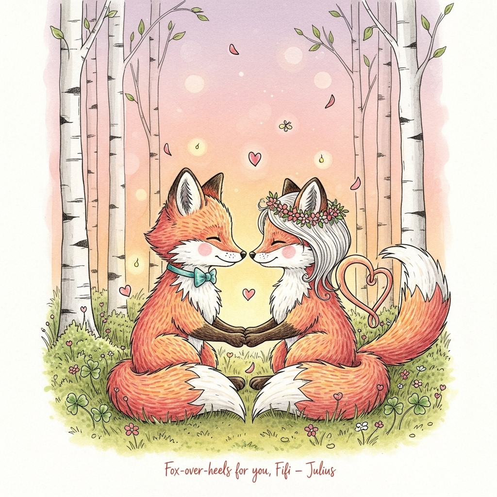 Portrait-oriented, full-bleed hand-drawn illustration, sincere and warm. In a golden-hour forest clearing, two cute, childlike foxes—Julius (boy) and Fifi (girl)—sit nose-to-nose, holding paws. Julius wears a tiny teal bow tie; Fifi has a delicate wildflower crown. Their fluffy tails curl together into a heart behind them. Soft moss, clover, and tiny wildflowers in the foreground; a few heart-shaped petals drift through the air and subtle fireflies sparkle. Background: slender birch trunks and a rosy-peach sky fading to lavender, with gentle bokeh and a soft vignette; warm rim light catching their fur. Style: fine ink linework, textured watercolor/gouache brush strokes, visible paper grain, balanced composition with airy negative space. Color palette: fox oranges and creams, blush pinks, coral, honey gold, mossy greens, hints of berry. Add a small, brush-lettered caption near the bottom in warm berry ink (minimal and unobtrusive): “Fox-over-heels for you, Fifi — Julius”. No other text. Cozy, tender, sincere.
Generated with these themes: Cute, childlike foxes, a boy fox Julius, and a girl fox, Fifi, in Love, and .
Made with ❤️ by AI.