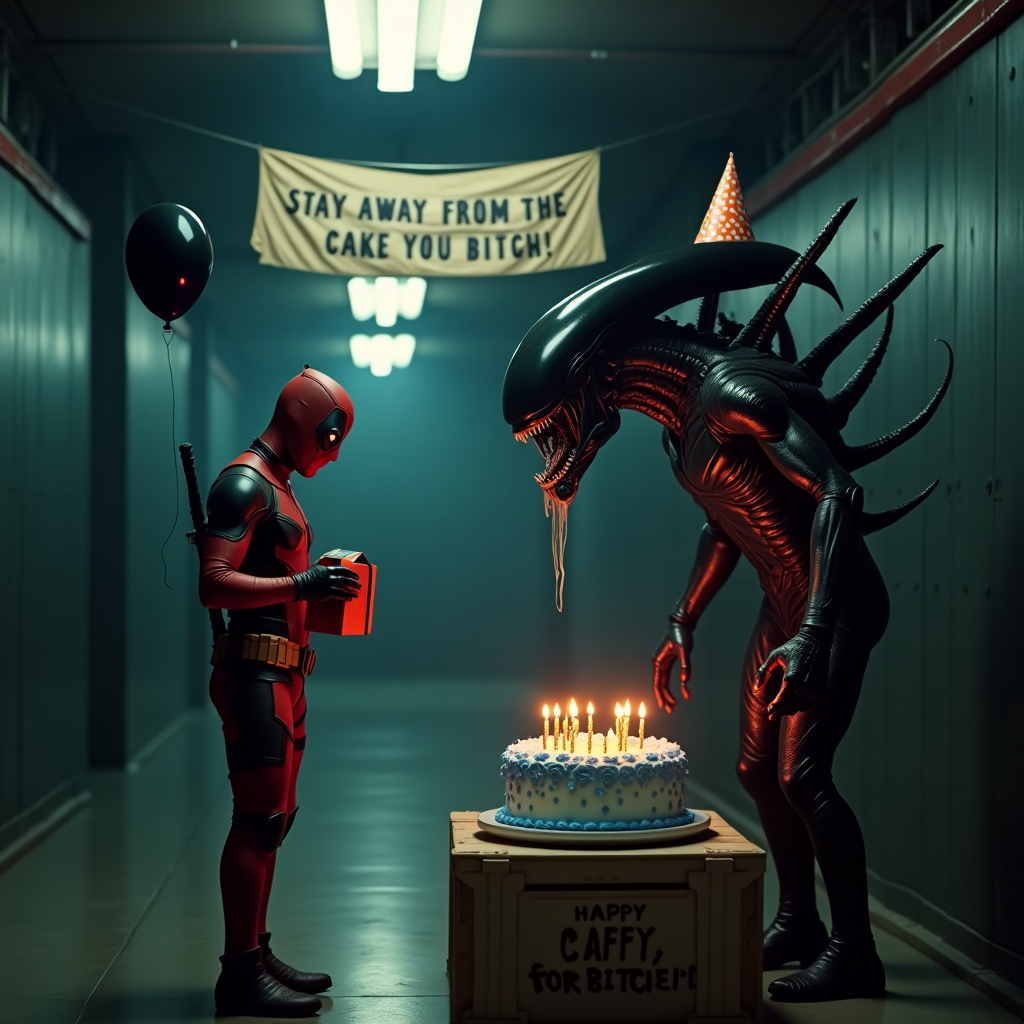 Deadpool holding a balloon and present, Large, scary Xenomorph wearing a party hat and drooling, Birthday cake with blue icing, and Banner saying, "Stay away from the cake you bitch!" Birthday Card