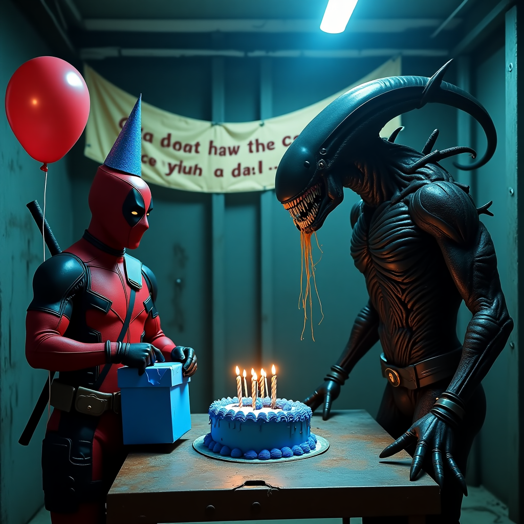 **Realistic Photograph Prompt:**

Create a high-resolution, realistic photograph set in a dimly lit, industrial-style party room with cold, metallic walls and flickering overhead lights. In the foreground, Deadpool stands solemnly, holding a slightly deflated red balloon in one hand and a neatly wrapped blue present in the other. His usually cheeky mask is subdued, and his posture is thoughtful, almost reflective. Standing across from him, looming menacingly, is a large, highly detailed Xenomorph. The creature wears a slightly askew metallic blue party hat, its mouth open, revealing rows of glistening teeth, and long strands of saliva drip to the floor. A birthday cake sits between them on a rusty metal table — it has thick blue icing, a few lit candles, and is slightly damaged, as if someone tried to grab a piece with claws. Hanging above them on a ragged string is a banner that reads in bold letters: “Stay away from the cake, you bitch!” The atmosphere is heavy and unnerving, the shadows long and cool-toned, evoking an eerie but oddly reverent birthday moment between chaos and caution.
Generated with these themes: Deadpool holding a balloon and present, Large, scary Xenomorph wearing a party hat and drooling, Birthday cake with blue icing, and Banner saying, "Stay away from the cake you bitch!".
Made with ❤️ by AI.