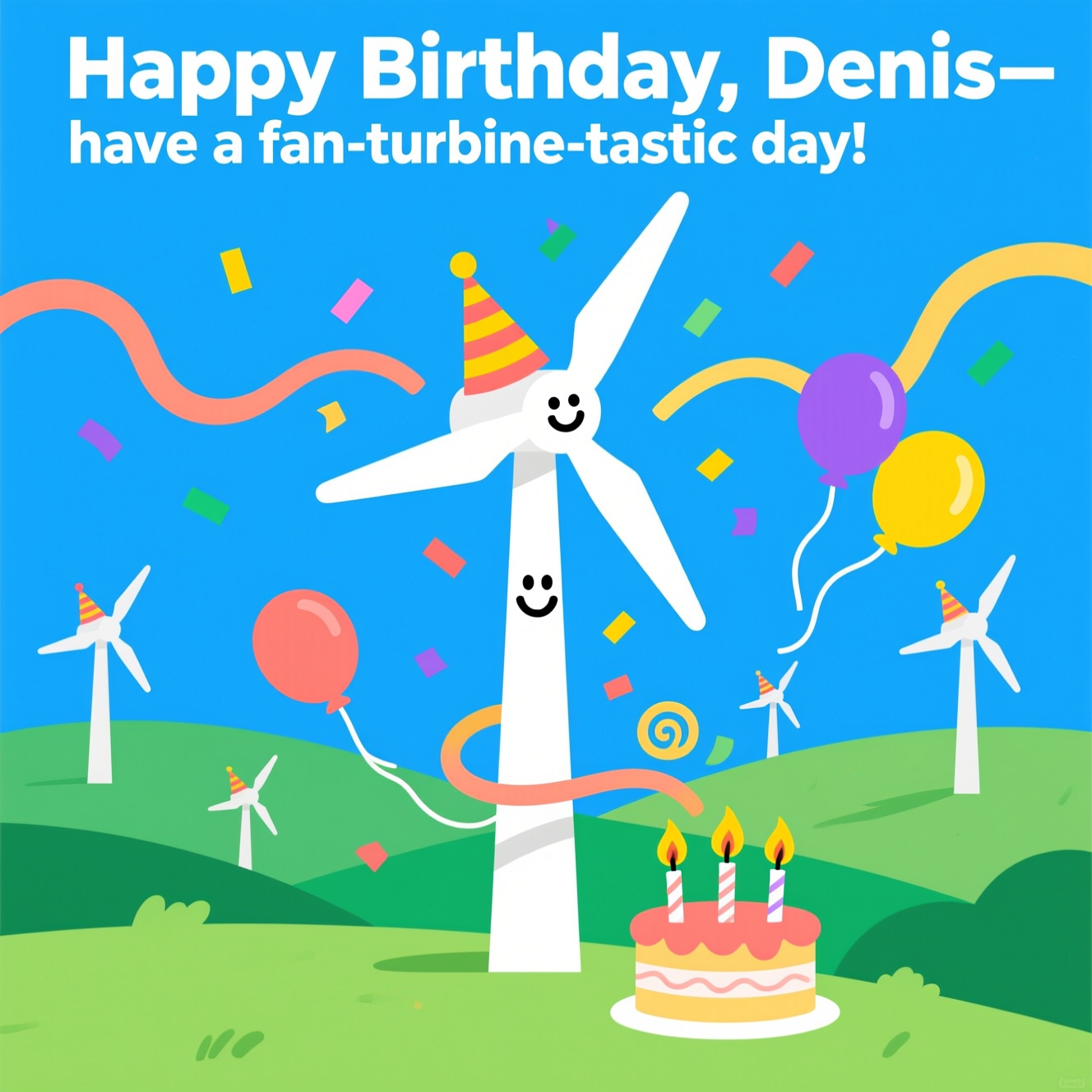 At the top of the Vector Style image, Happy Birthday, Denis—have a fan-turbine-tastic day!

Clean flat-vector scene: a cheerful wind farm on rolling green hills beneath a bold blue sky. Center-stage, a tall white wind turbine with a simple smiley face on its tower and a bright party hat perched on the nacelle. The spinning blades fling confetti and curved streamers in playful wind swirls; a few balloons tug outward in the breeze. At the base, a birthday cake’s candles bend comically as the gusts try to blow them out, tiny flames curling into spirals. Smaller turbines recede into the background, each with mini party hats and a couple of balloons.

Style and palette: crisp lines, solid color blocks, minimal gradients, clean geometry, modern graphic design precision. Bright, punchy colors—sky blue, fresh green, white, coral, lemon yellow, and violet accents. Flat lighting, no textures, no grain, no photorealism.

Composition: large central image with roomy sky for the headline; no additional text; humorous, lighthearted mood.
Generated with these themes: Wind turbines , and .
Made with ❤️ by AI.