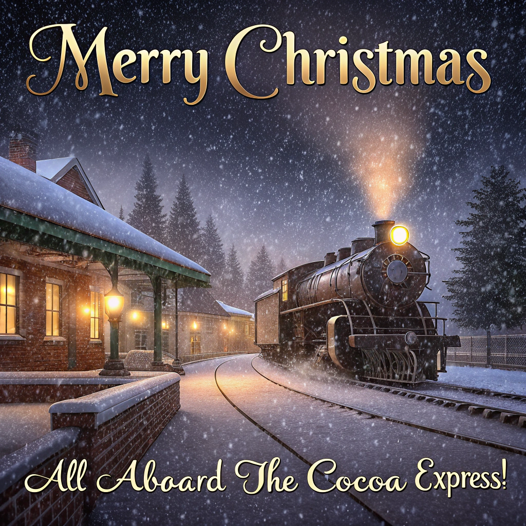 At the top of the Photorealistic picture taken from a camera image, "Merry Christmas " in large, glowing gold serif lettering.

At the bottom of the image, "All aboard the Cocoa Express!"

Ultra‑high‑definition 4K UHD photograph with accurate lighting, lifelike textures, and rich depth of field. Nighttime snowfall at a quaint, snow-dusted train platform as a Polar Express–inspired vintage steam locomotive (No. 1225) glides in, its brass headlamp casting a warm amber halo through billowing steam. A festive wreath with a red bow adorns the front; windows glow with cozy golden light; string lights twinkle along the platform. Foreground focus: a child seen from behind in a red knit pom‑pom hat and scarf, star-print pajamas peeking from a winter coat, a mittened hand holding a shiny silver sleigh bell; the corner of a golden ticket peeks from a pocket. Beside a weathered wooden bench sits a small plush teddy bear in a green scarf next to a steaming enamel mug of hot cocoa topped with marshmallows and a candy cane. In the softly lit doorway of a carriage, a friendly conductor’s silhouette holds a brass ticket punch, gently out of focus. Snowflakes sparkle in the headlight beam, creating creamy bokeh; frost clings to metal and glass for tactile realism. Camera settings and feel: full‑frame 50mm prime lens, f/1.8 for dreamy background blur, ISO 800, 1/250s, white balance 3400K; low angle at child’s height; natural HDR, gentle lens flare, cinematic volumetric steam. Composition: rule of thirds with generous negative space in the upper sky for the headline; warm golden highlights balanced by cool blue night tones for a cute, cozy mood. Text styling: top headline large and centered in glowing gold serif with a soft shadow for readability; bottom punchline in playful cream script nestled over the snow at the platform edge. No visible brand logos or explicit “Polar Express” lettering.
Generated with these themes: Polar Express, and .
Made with ❤️ by AI.